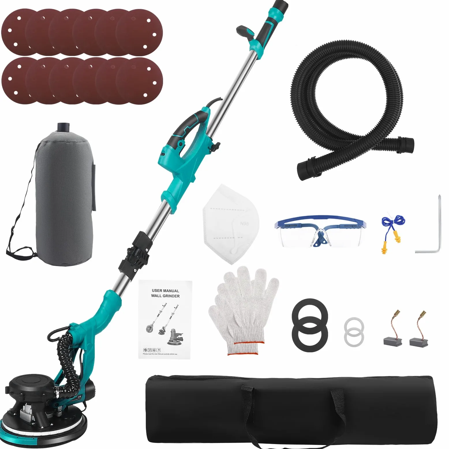 levigatrice per muro 850W telescopic giraffa levigatrice 800–2100 giri/min 5 velocità regolabili Testa di rettifica Ø 215mm e inclinabile di 90° levigatrices muro con luce LED