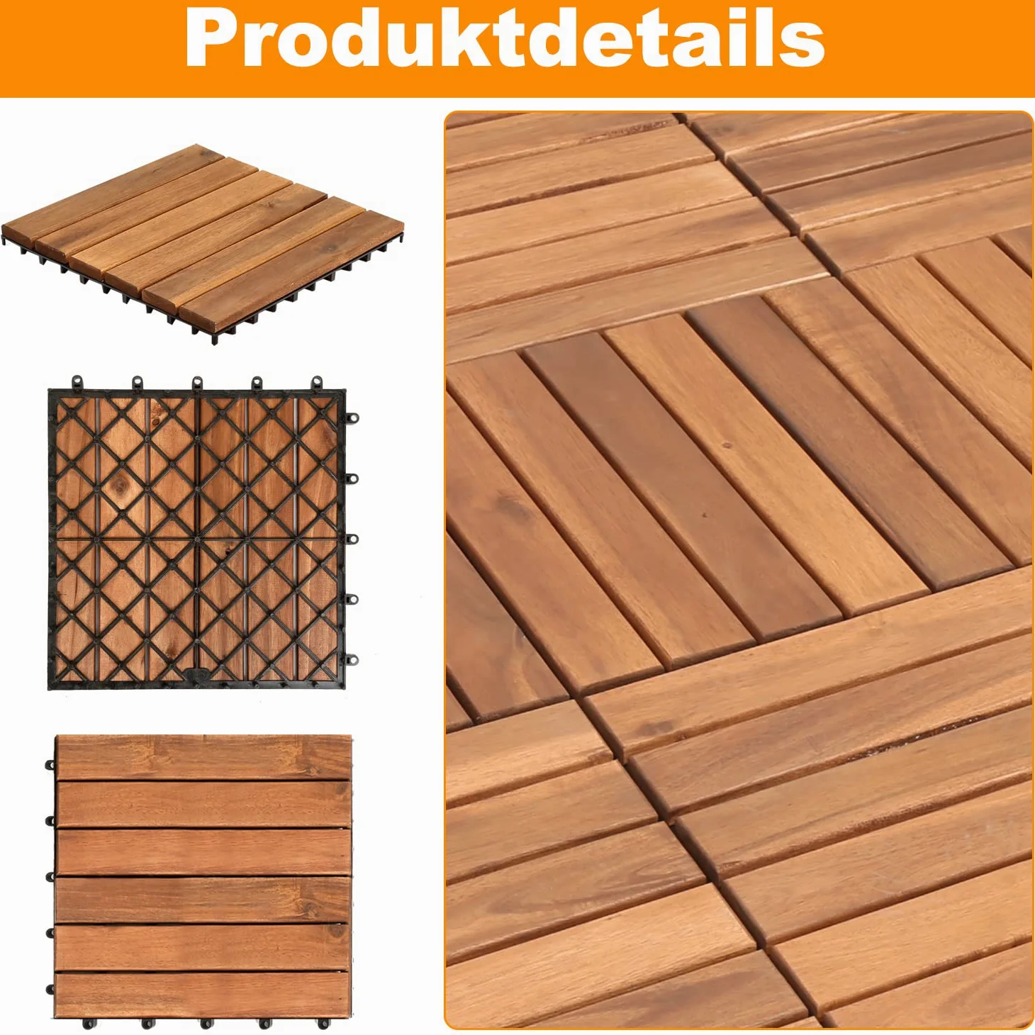 Piastrelle in legno, 55 pezzi, in legno di acacia, 30 x 30 cm, 11 piastrelle per 1 m², per esterni, interni, balcone, con sistema di drenaggio e fissaggio a incastro, marrone