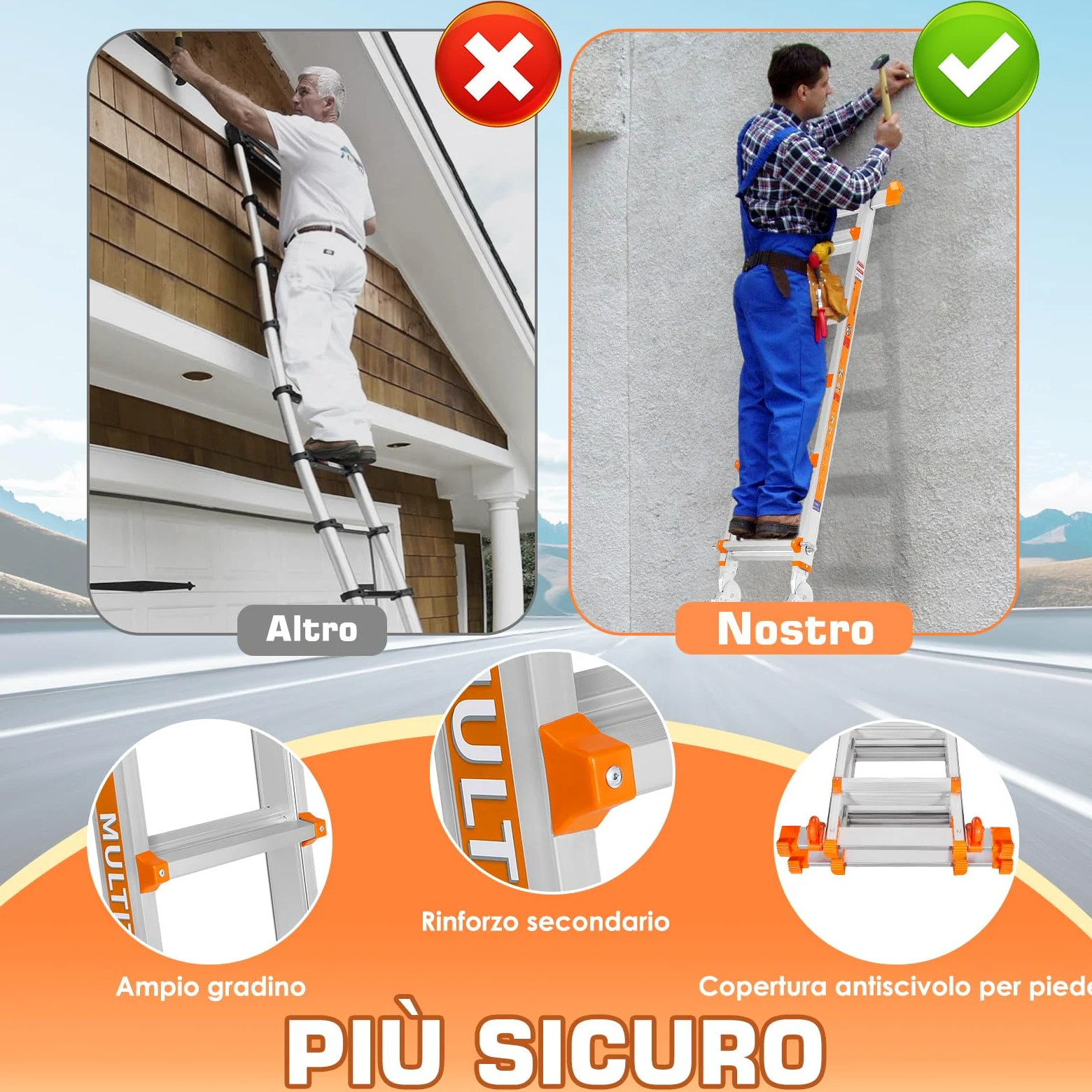 Scala Multiuso a 5 Livelli: Scala a 5 Livelli e Scala Allungabile da 17 Piedi (5,18 m) con Stabilizzatore e Ruote, Portata 150 kg, Sicuro per Scale, per Interni, Esterni e Tetto, in Lega di Alluminio