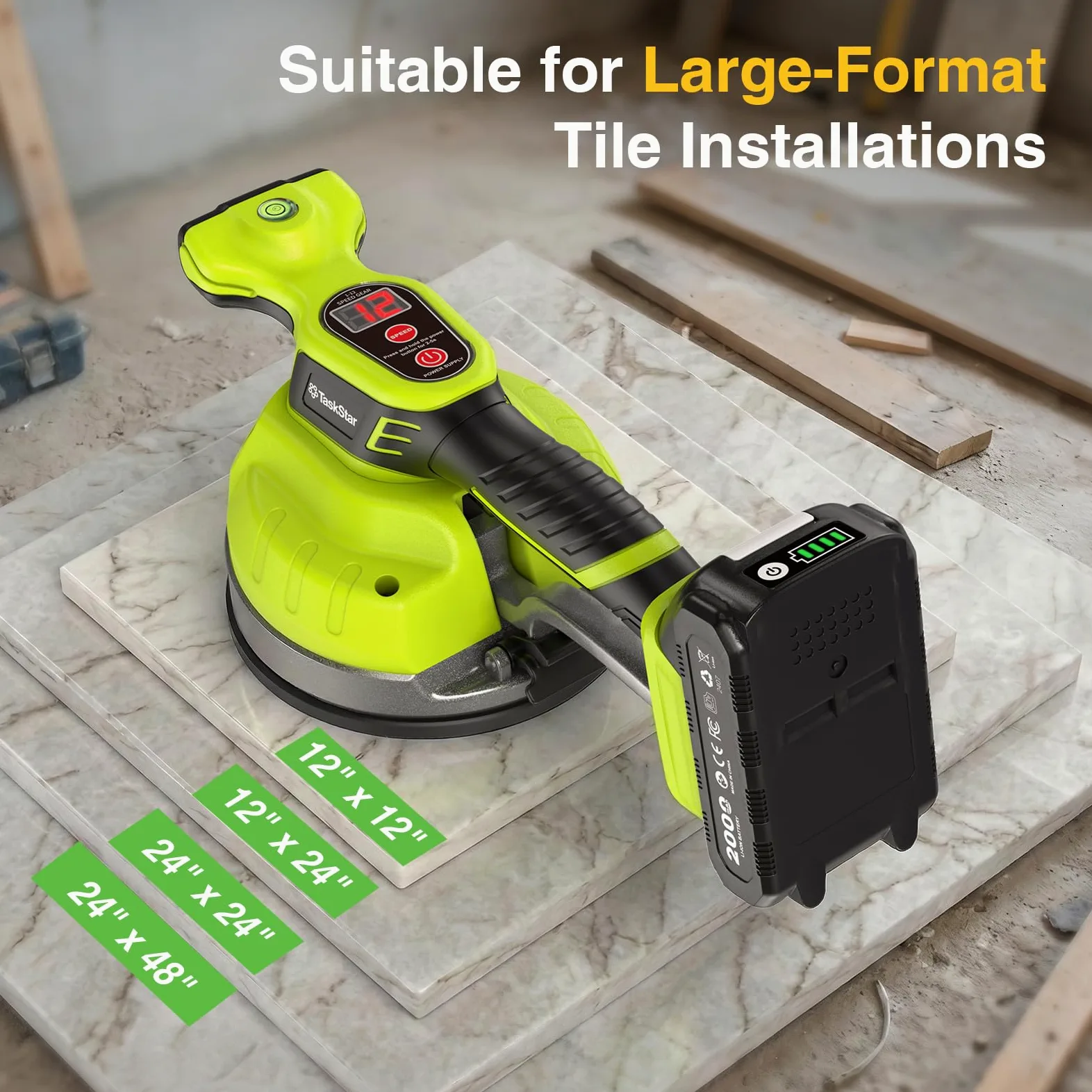 Taskstar Vibratore per piastrelle, compatibile con batteria Makita 18V, ventosa 160 mm (113 kg), 26.000 giri/min, 12 velocità, per piastrelle grandi fino a 122 cm, attrezzo installazione professionale