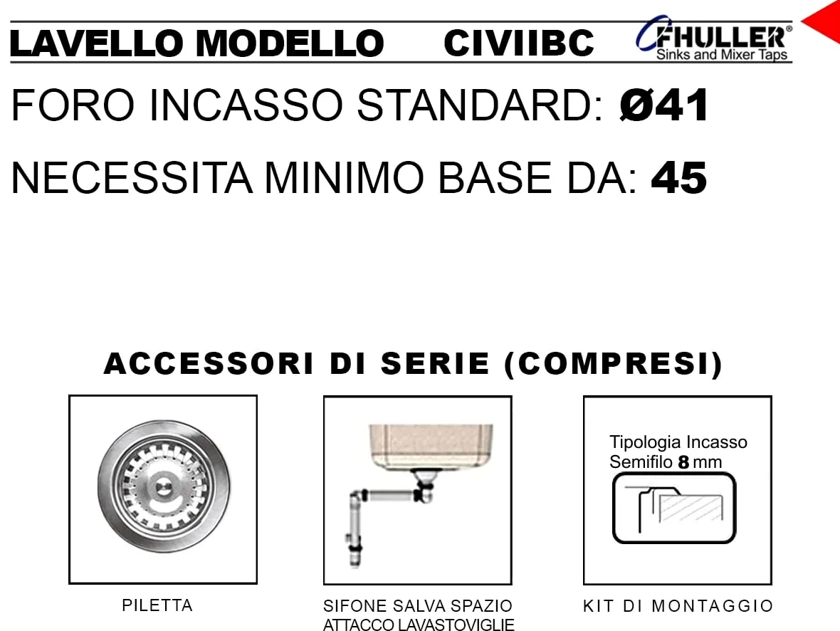 Lavello Cucina Circum CIVIIBC, Tondo Inox Spazzolato, Ø 43,5 cm, Altezza 20 cm, Incasso made in Italy