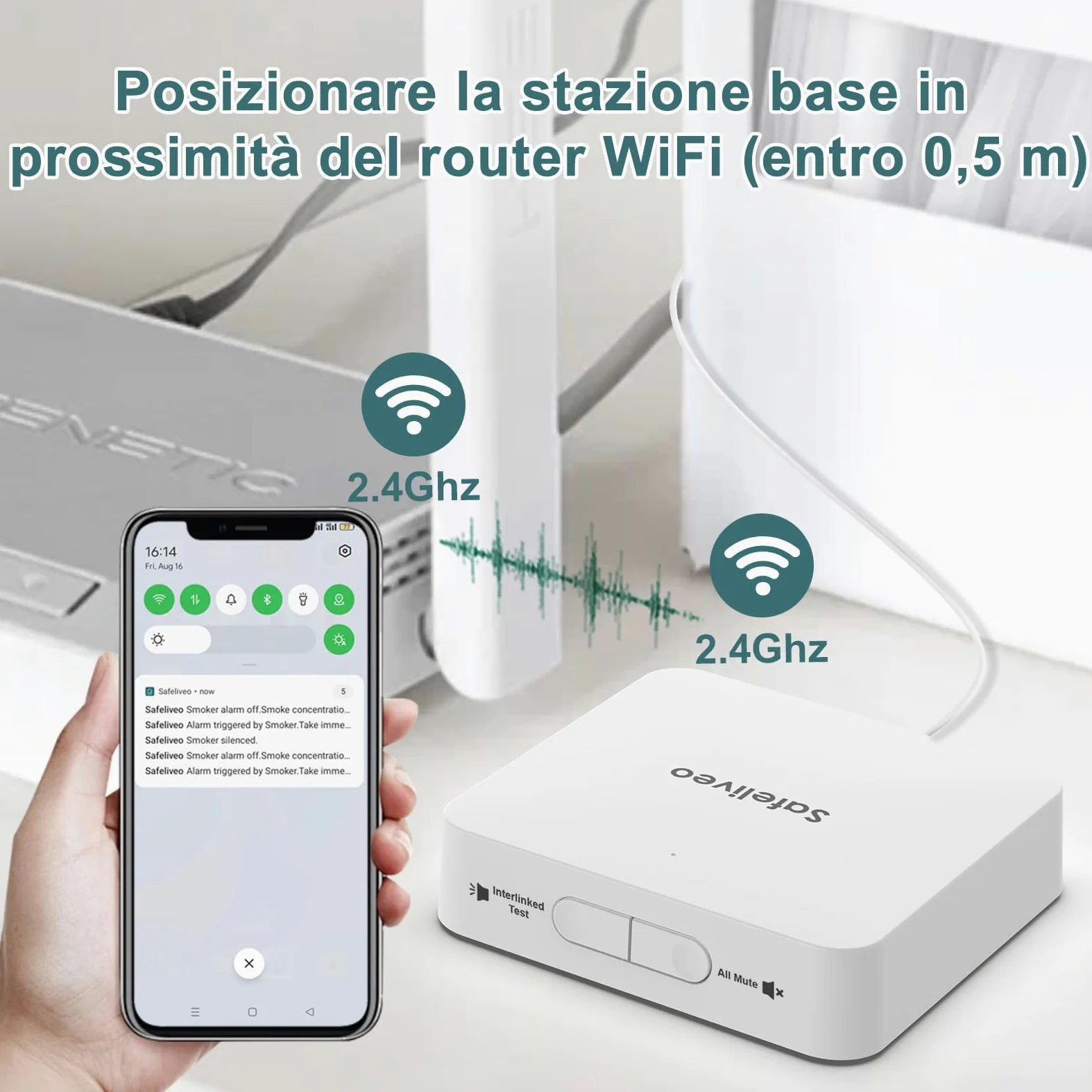 Safeliveo Rilevatore di fumo interconnesso WiFi, rilevatore di fumo con batteria da 10 anni, set da 5 con stazione base, certificato TUV Rheinland, set di allarme fumo con controllo tramite app