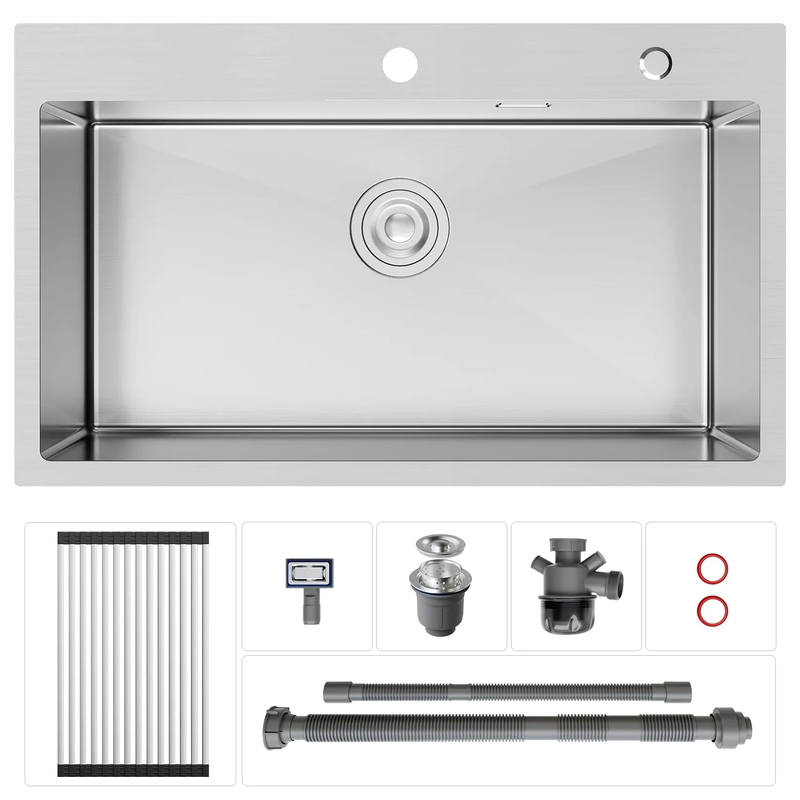 CECIPA Lavello Cucina 1 Vasca 75x45 cm, Lavandino Cucina con Tenda a Rullo Scarico, Lavello in Acciaio Inox 304 per Mobile di lunghezza 80cm con Sifone e Scarico