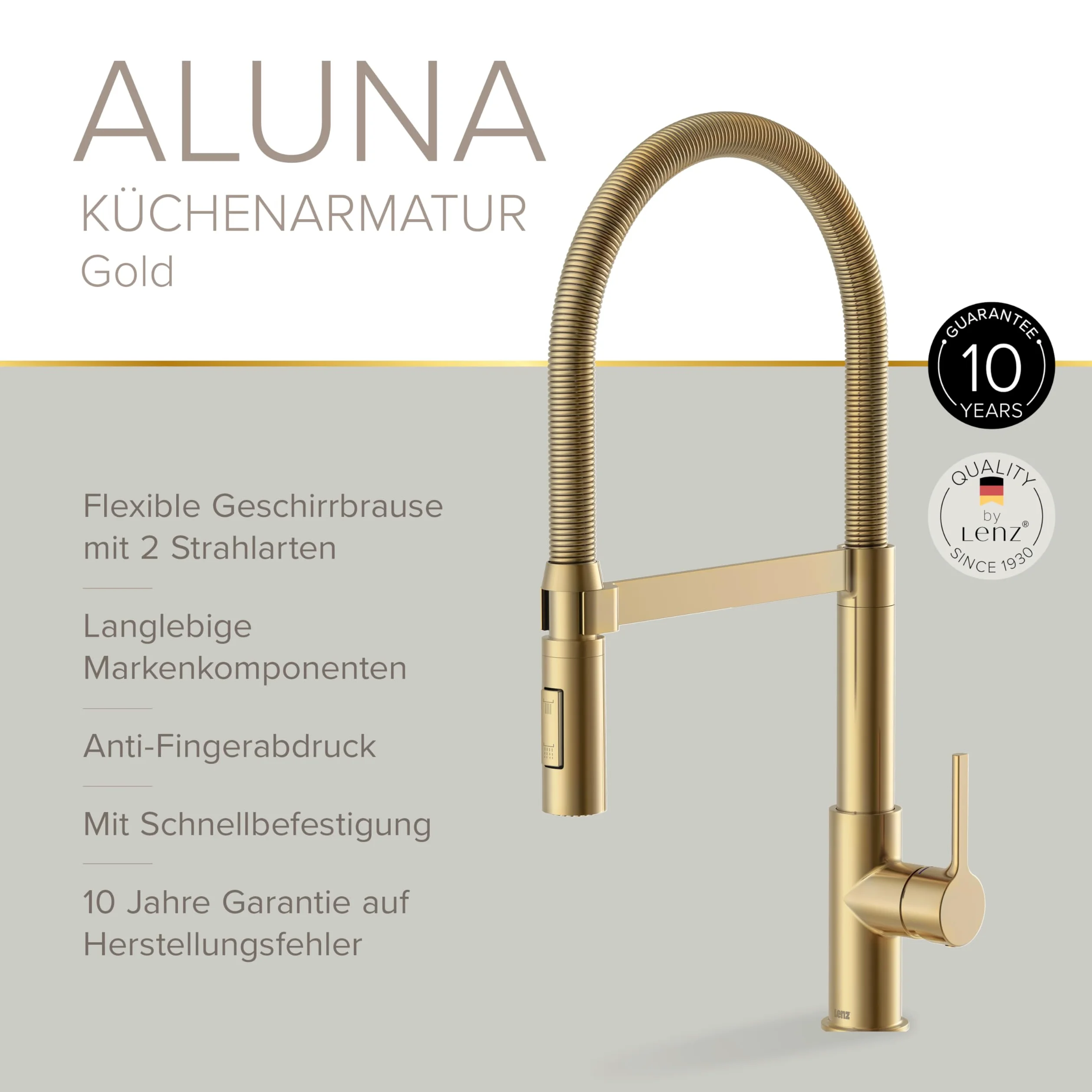 Lenz Rubinetto da cucina ALUNA in oro – doccetta flessibile con 2 tipi di getto, superficie anti-impronte – cartuccia in ceramica di alta qualità e ugello di marca – 46070541