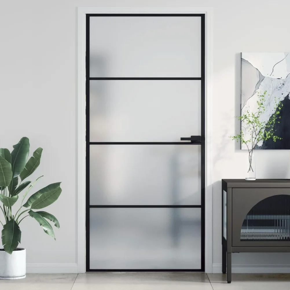 Homgoday Porta interna in vetro, set completo con maniglia, porta girevole, design moderno, porta da ufficio, per casa e ufficio, sottile, 93 x 201,5 cm, vetro temperato e alluminio, nero e opaco