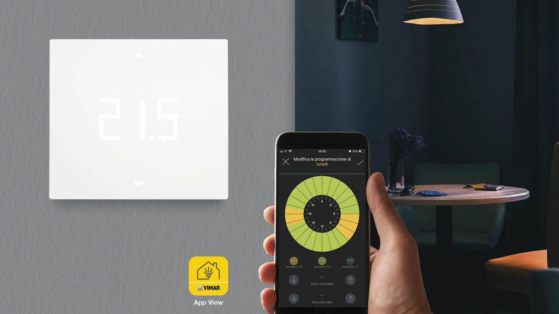 Vimar 02912 Termostato WiFi, compatibile con assistenti vocali Alexa e Google, riscaldamento e condizionamento ON/OFF e PID, gestione locale e da App View, Bluetooth, retroilluminazione LED