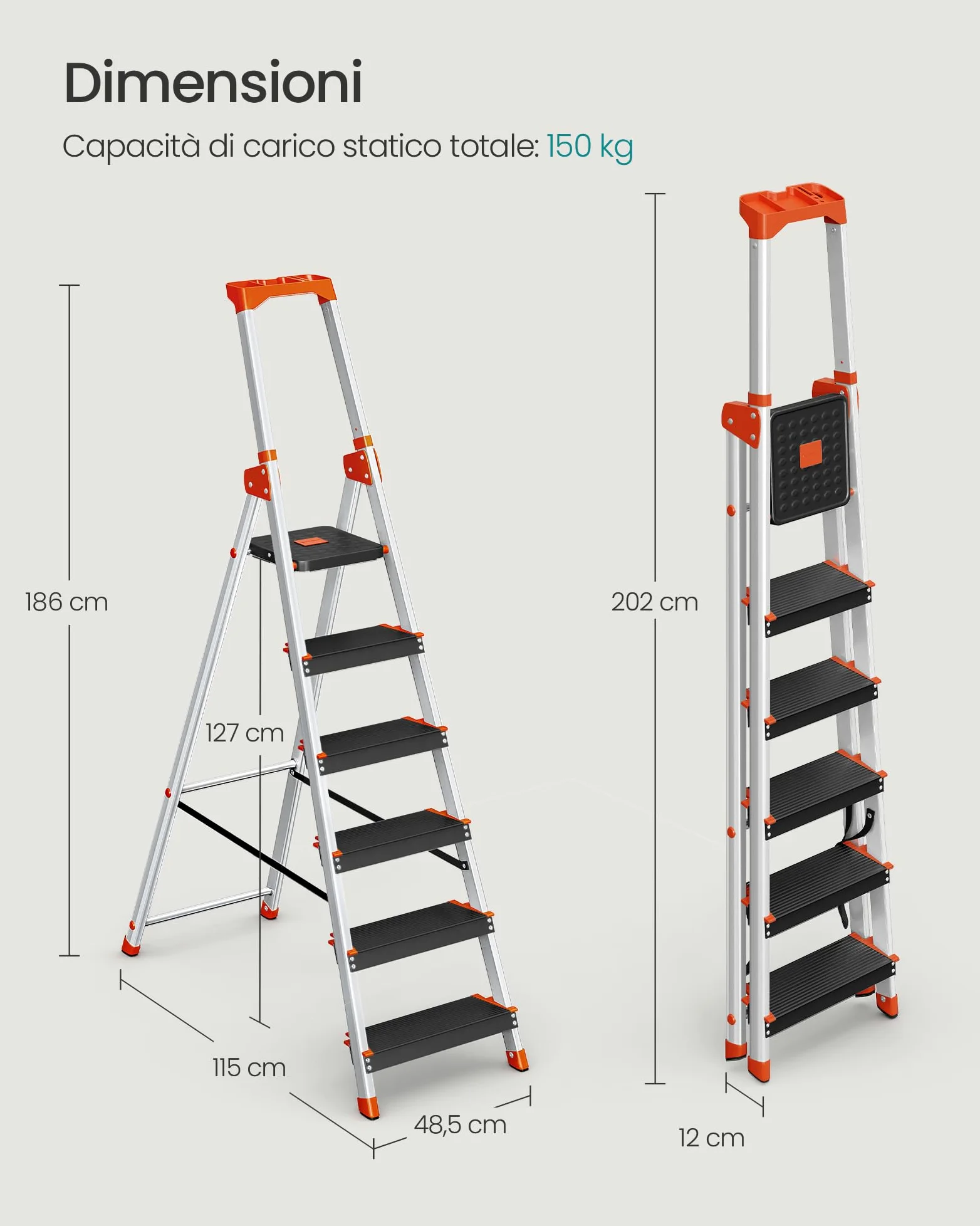 SONGMICS Scaletta a 6 Gradini, Scala Pieghevole in Lega di Alluminio, Gradini Larghi 12 cm, con Portautensili e Piedini Antiscivolo, Max. Portata Statica 150 kg, Nero e Arancione GLT06BK