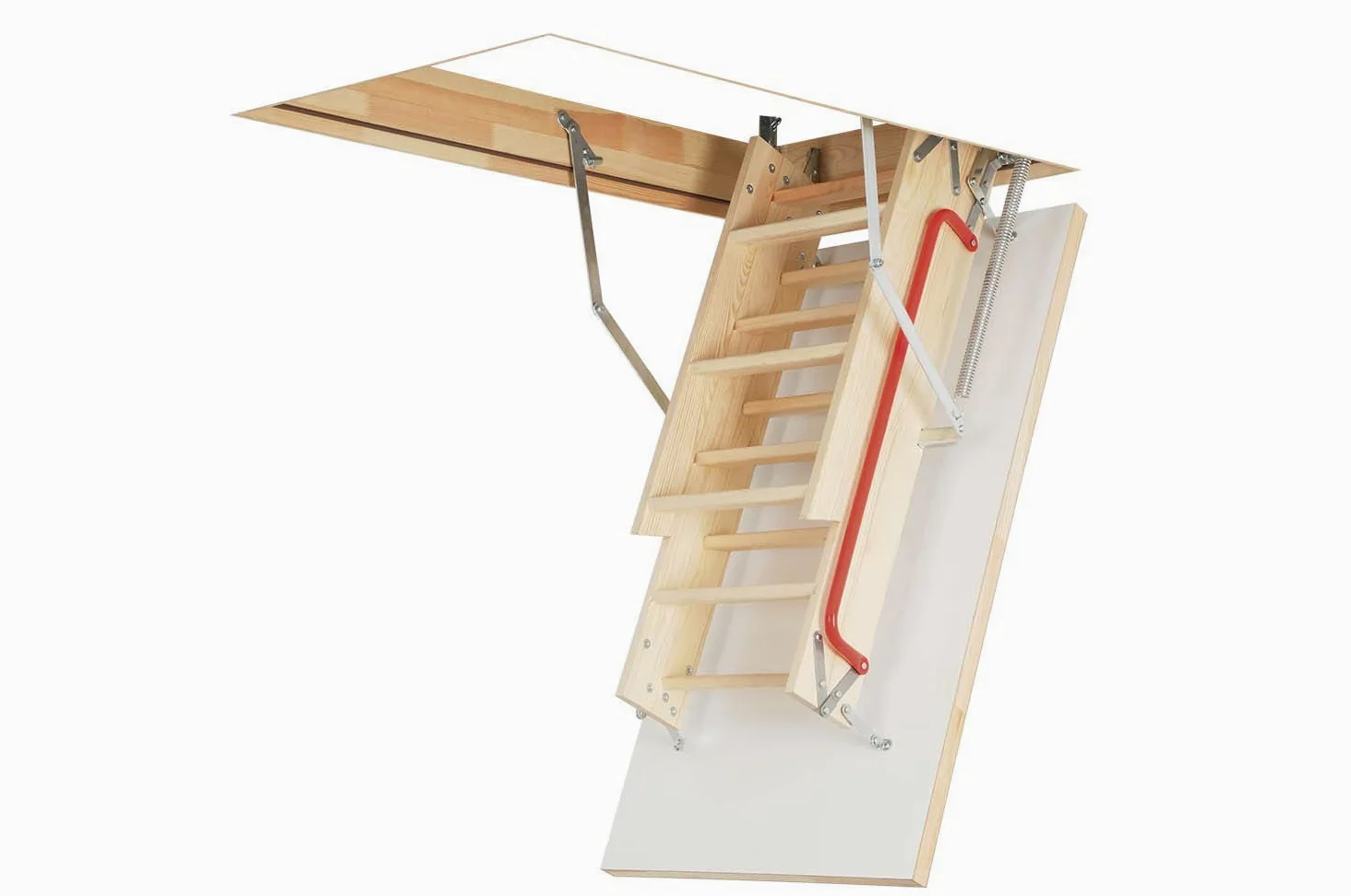 Scala pieghevole in legno per mansarda e soffitta, dimensioni del telaio: larghezza 70 cm x lunghezza 111 cm altezza fino a 280 cm e portello isolato