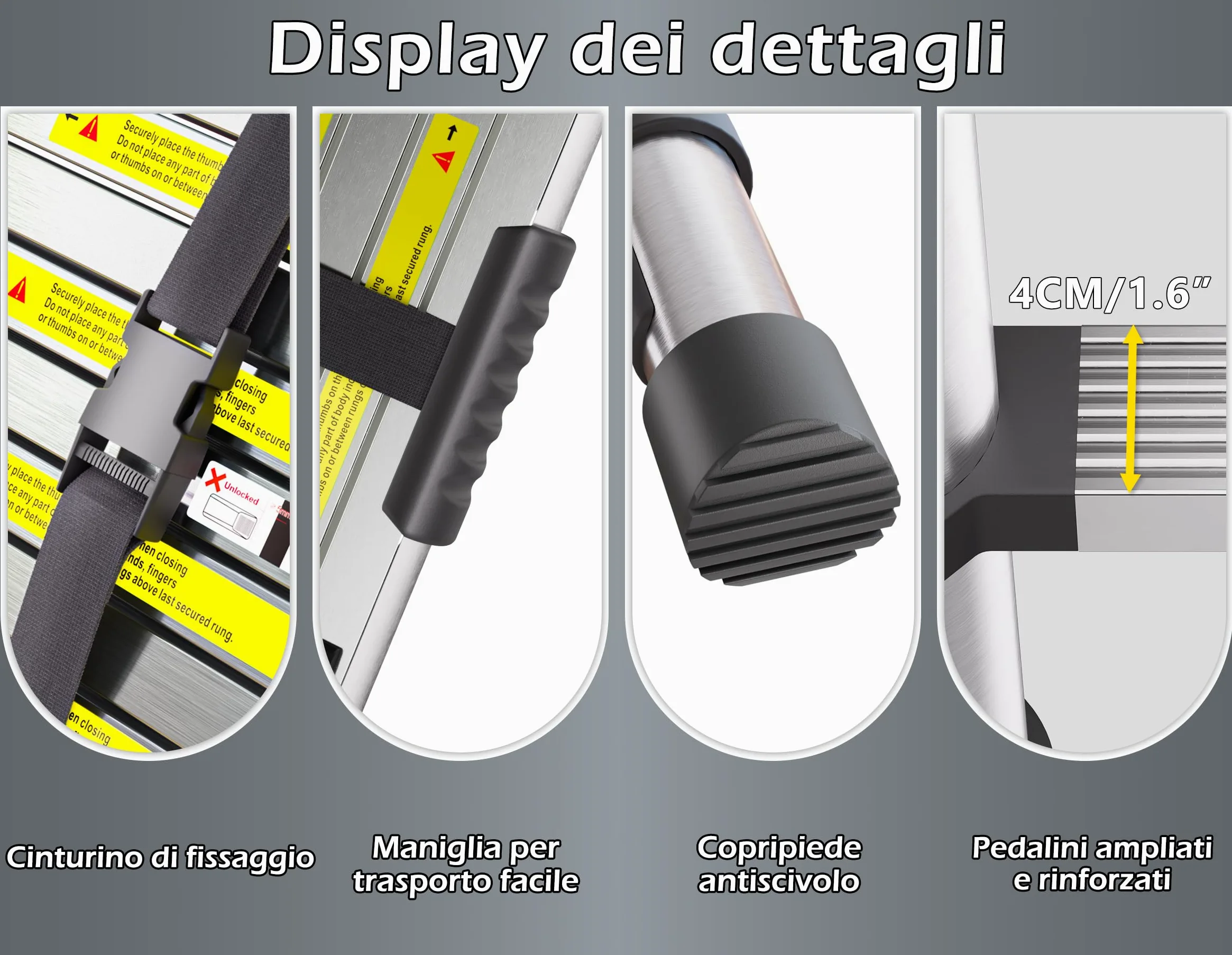 Scala Telescopica in Acciaio Inox, 4,4m Scala Estensibile Portatile con Piedini Antiscivolo, Scale Portatile Allungabile per Soffitta