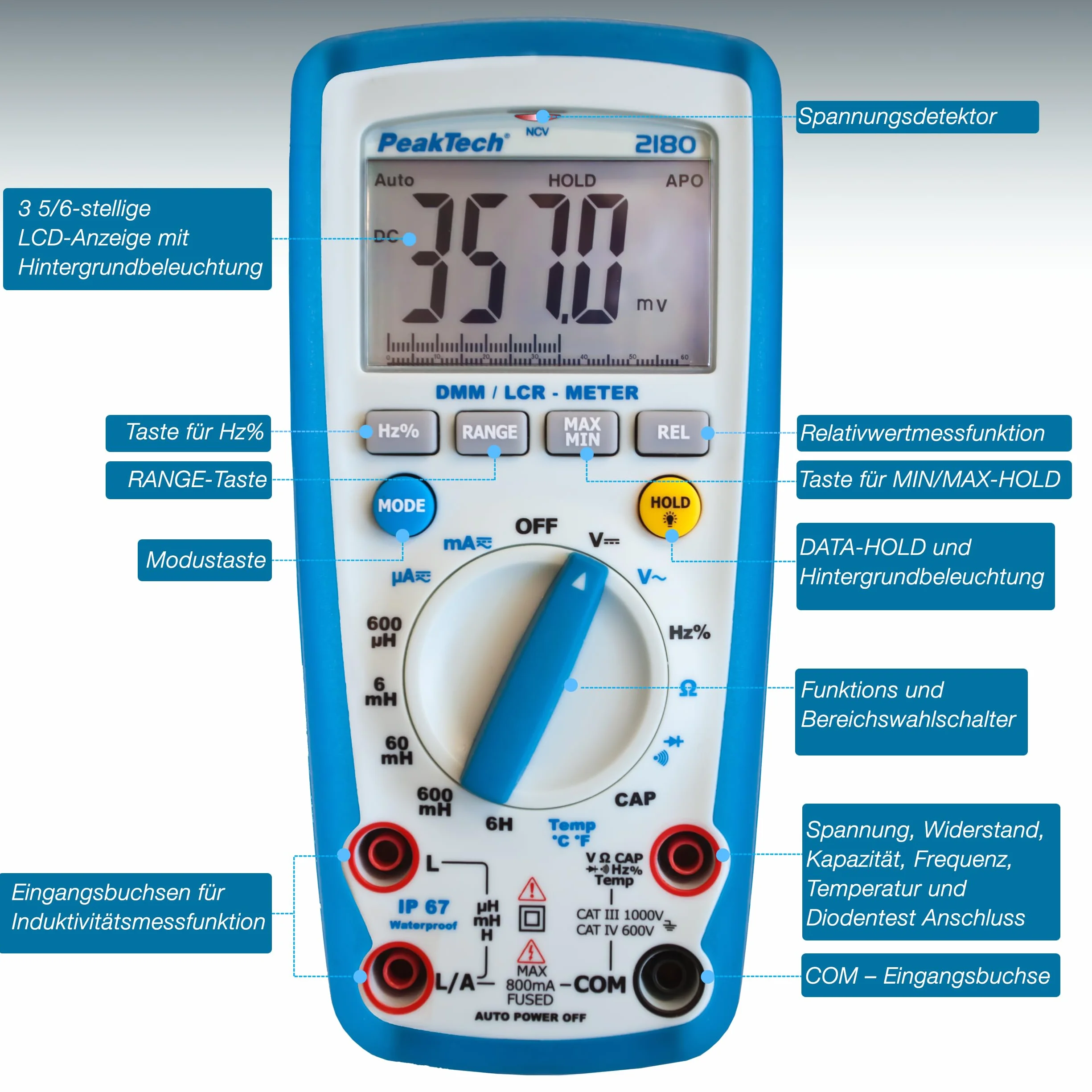 Peaktech P 2180 – Multimetro Digitale con Lcr, Resistenza, Capacità, Induttanza, 6000 Conteggi, Autorange, Amperometro, Tester di Continuità, Schermo LCD Illuminato - Cat Iii 1000 V