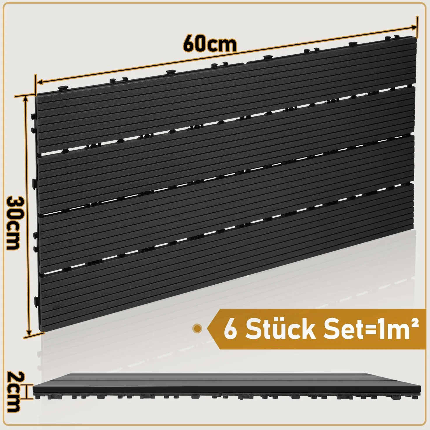 Randaco Piastrelle in Plastica Composita WPC, 30x60cm 12 Pannelli / 2 m² Pavimentazione in Plastica-legno all'aperto con Drenaggio e Sistema Plug-in, per Terrazze, Pavimenti, Antracite