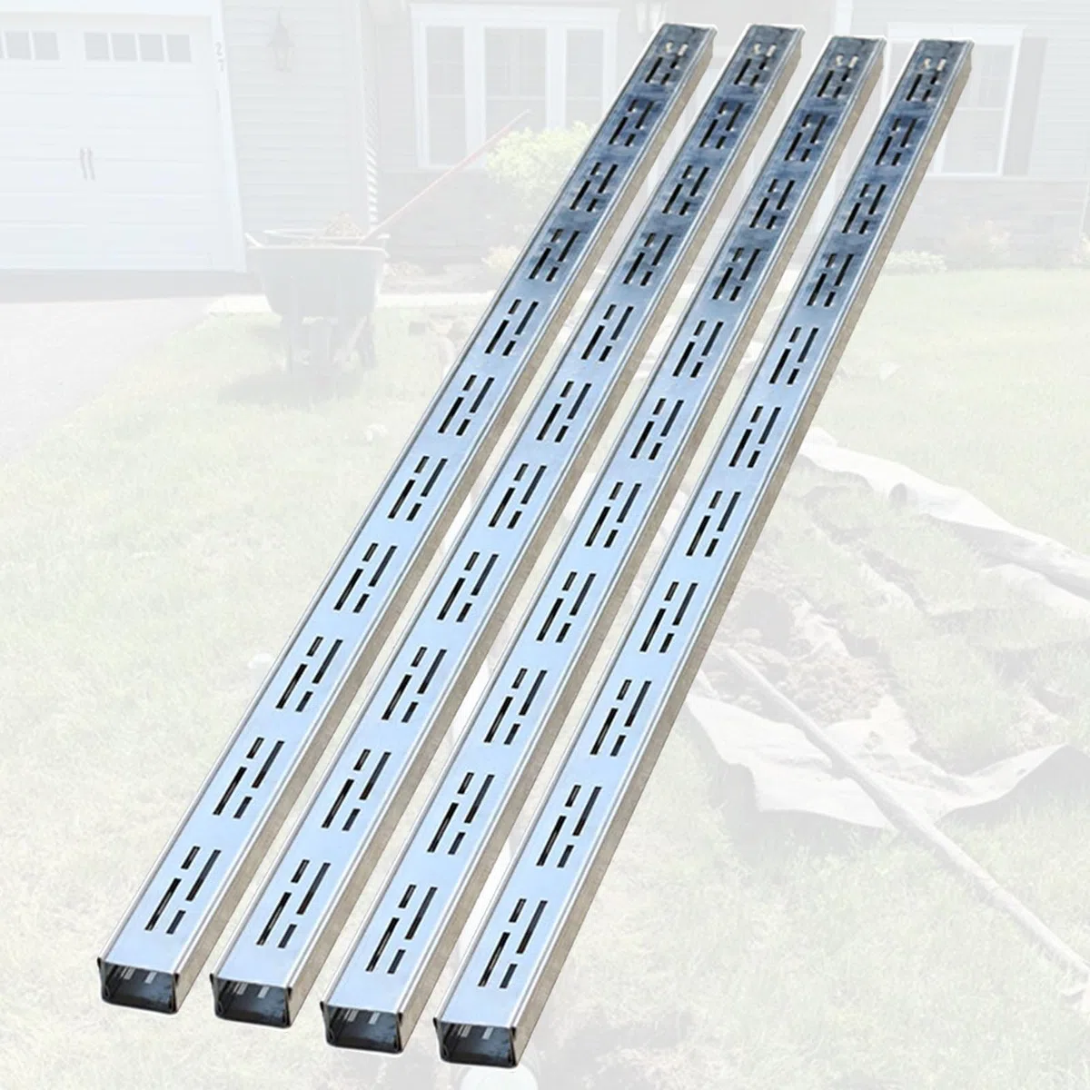 Kit di canali di drenaggio stretti da 1 m, sistema esterno a basso profilo, 4 pezzi argentati, 5 x 3 cm, perfetto per balconi e terrazze, gestione delle acque piovane, controllo efficiente del flusso
