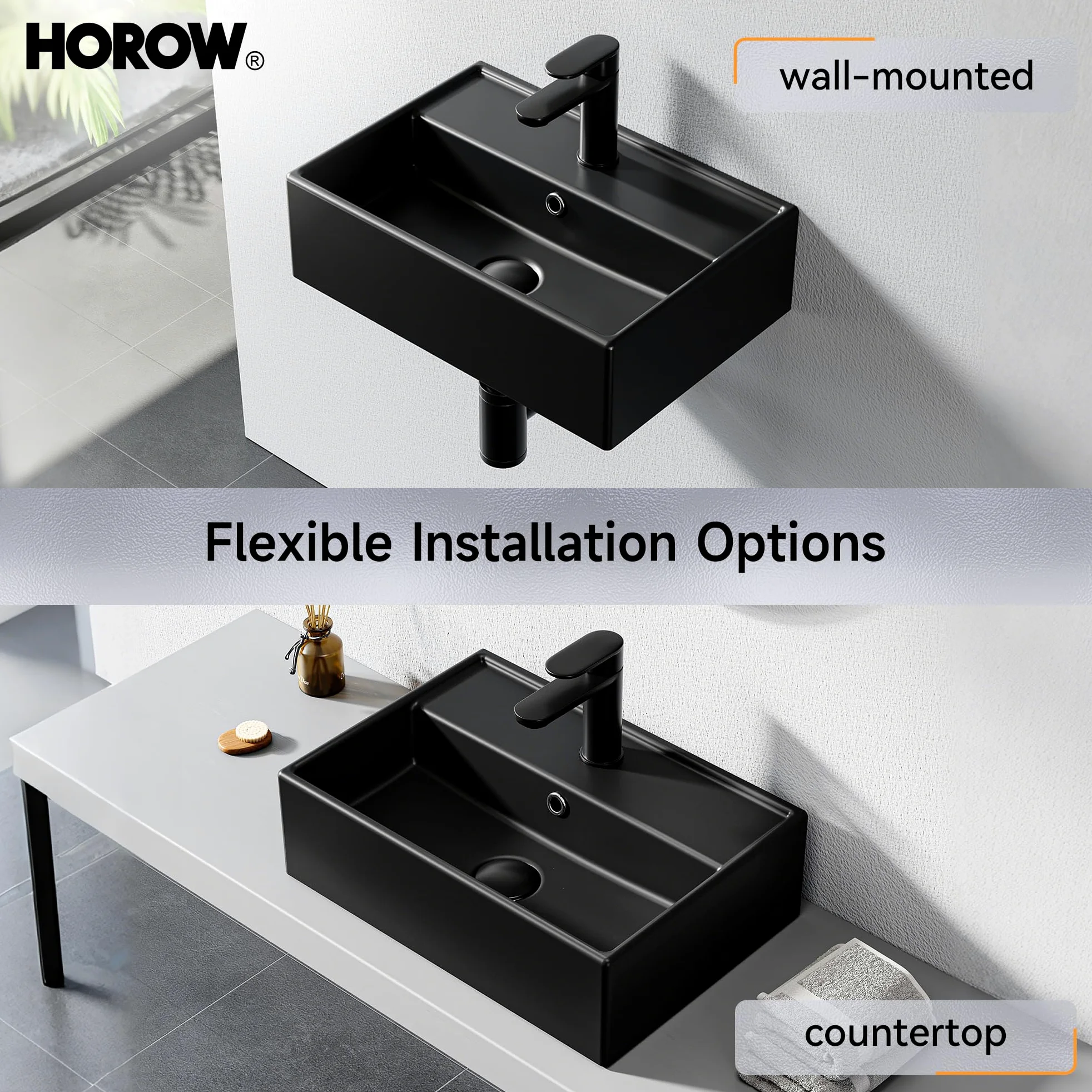 HOROW Lavandino da bagno in ceramica (nero, 45 x 31 cm) – Lavello rettangolare da appoggio/parete | bordo rialzato e superficie inclinata | bordo sottile e sporgenza | per piccoli bagni, guardaroba