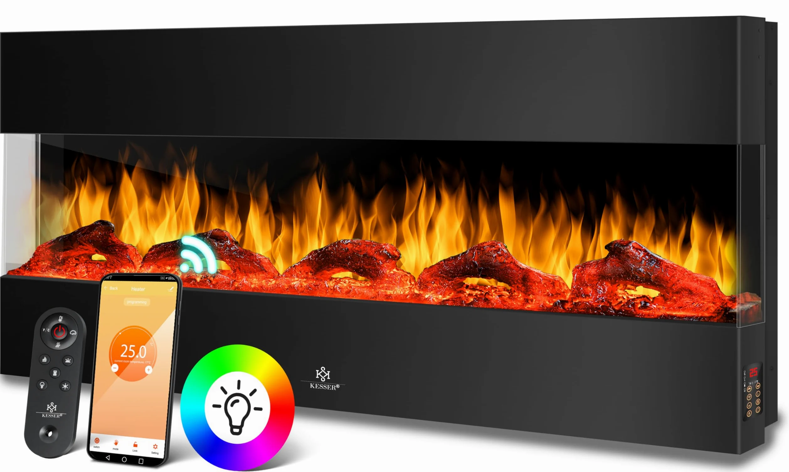 KESSER® Camino elettrico da parete, 3D, 138 cm, con riscaldamento, 9 modalità di colore, effetto fiamma LED, 900/1800 W, stufa da parete e camino da incasso, montaggio a parete, funzione app