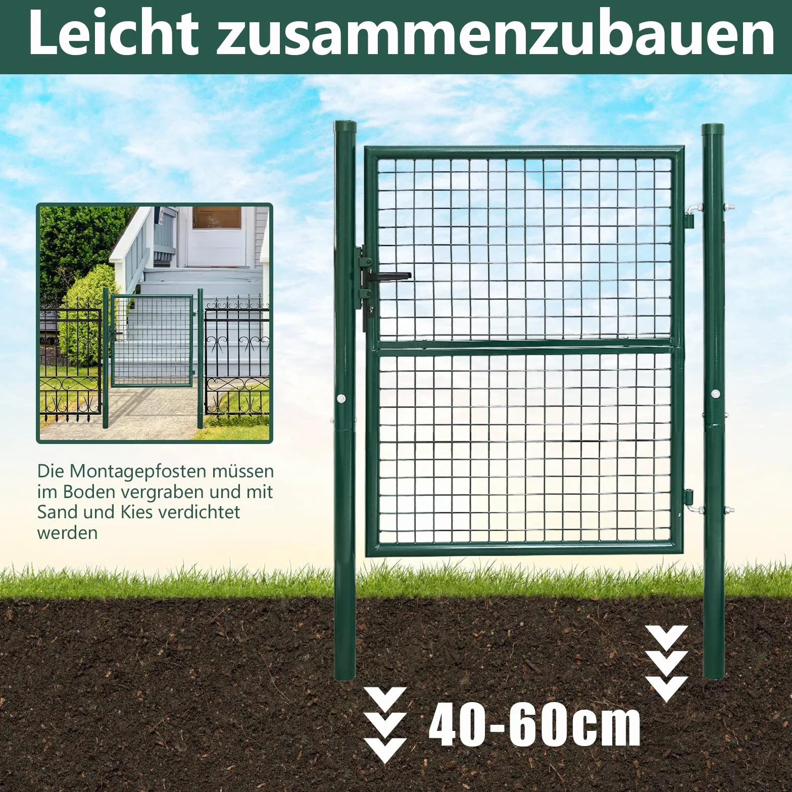 Gimisgu Cancello da giardino, 150 x 100 cm, in acciaio zincato, con maniglia per serratura e 3 chiavi, robusto e durevole, per tralicci di bastoni, porta d'ingresso, colore: verde