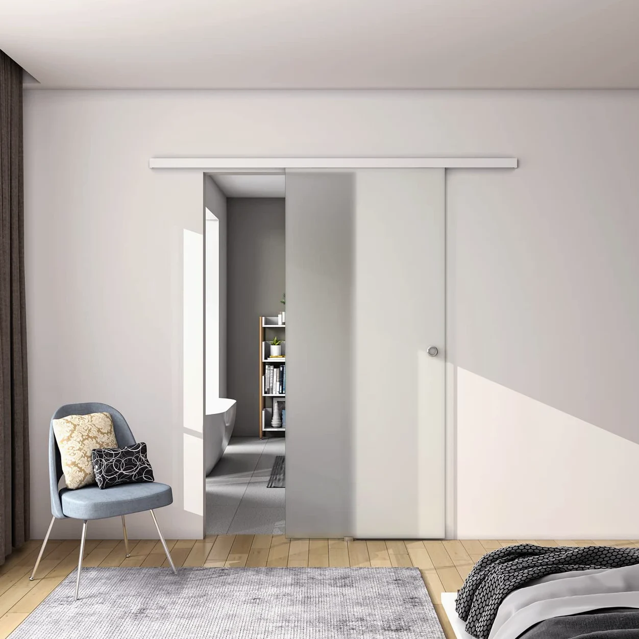 100x225 cm Porta Scorrevole in Vetro da 8 mm Temperato Opaco con Pellicola Anti-frantumi con Binario in Alluminio Bianco Verniciato