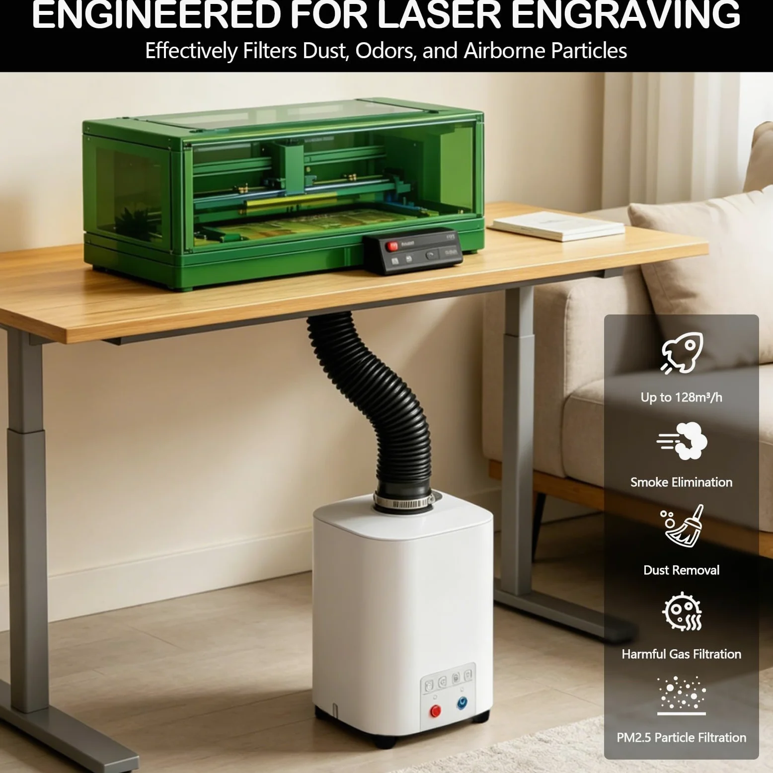 Aspiratore Fumi di Saldatura 50W con Sistema di Filtrazione a 3 Stadi, Purificatore d’Aria 128 m³/h Silenzioso <56 dB, per Saldatura, Laser e Stampa 3D, Include 5 Prefiltri di Ricambio