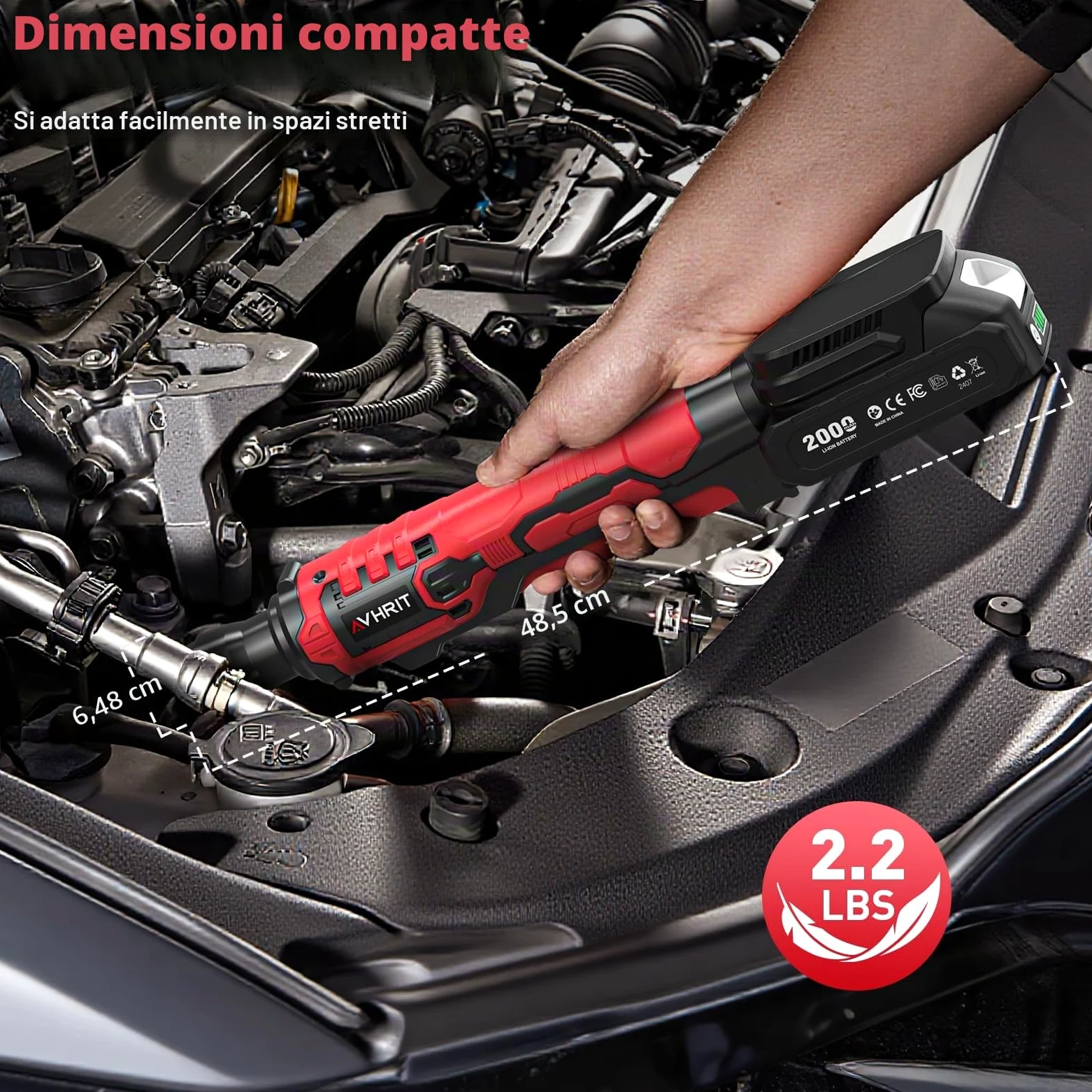 Chiave a cricchetto elettrica 3/8" Senza Fili: 120Nm (88 Ft-lbs) + 200 RPM, con 2 Batterie 2.0Ah, Luce LED e Set da 11 Boccole,Potente chiave elettrica per Auto e Riparazioni Domestiche