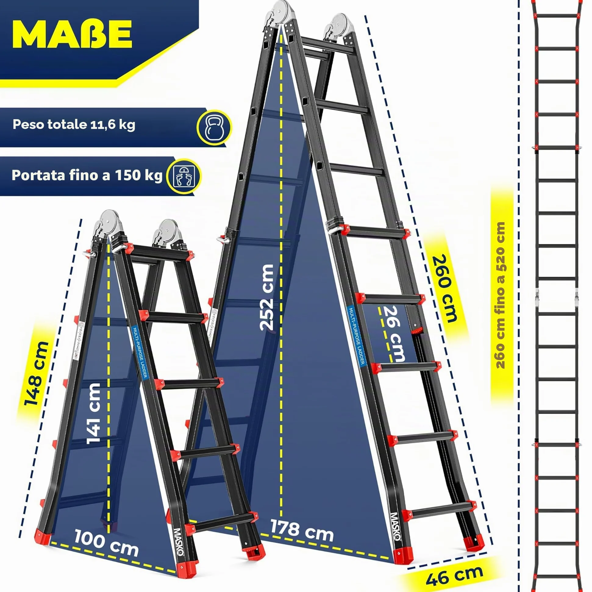 MASKO® Scala in alluminio Scala multiuso 5,10 m 4x5 pioli Scala telescopica ✓ Multifunzionale ✓ Pieghevole ✓ Singola ✓ Fissa ✓ Scala scorrevole ✓ Scaletta e bifacciale (5,10 m / 4x5 pioli nero/rosso)