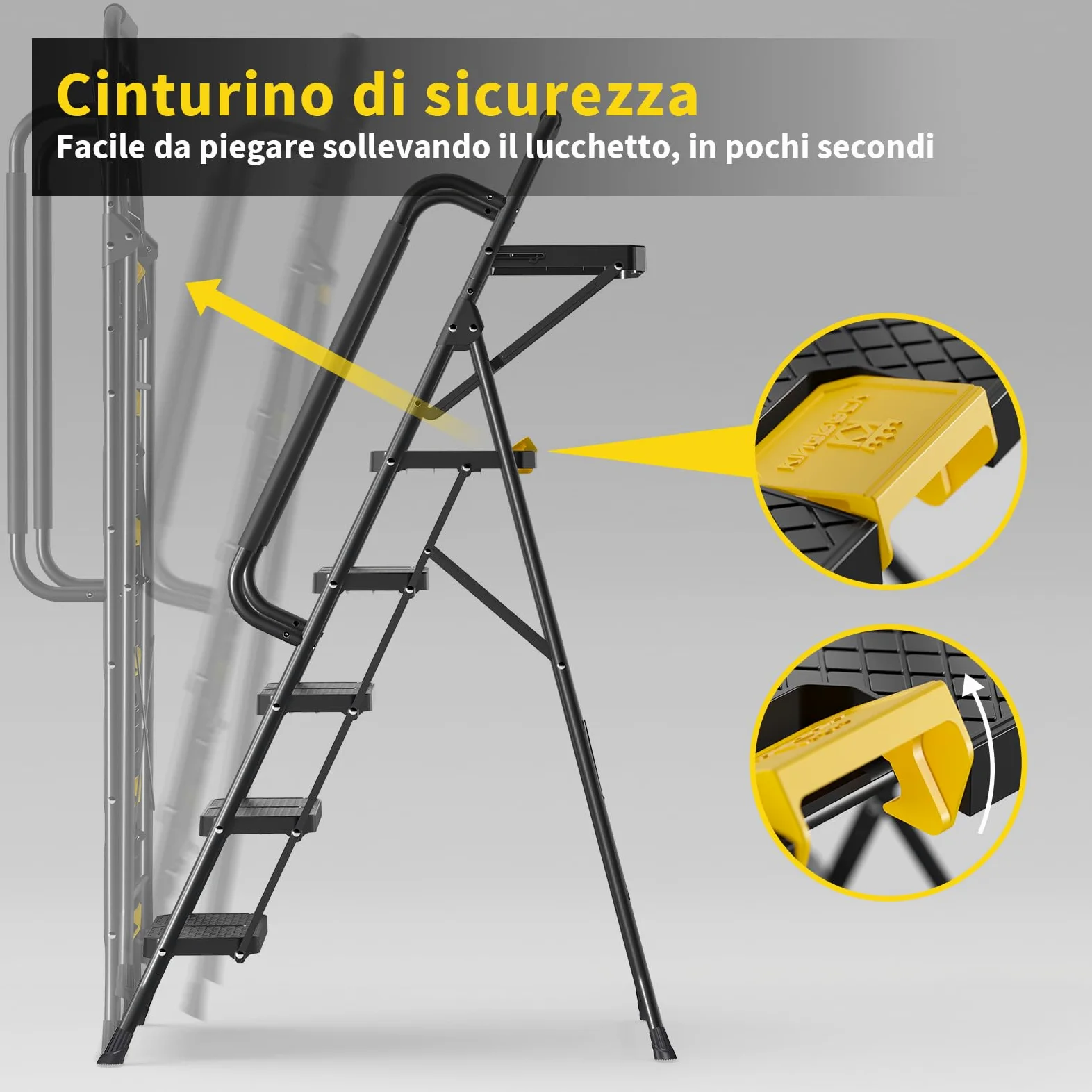 KINGRACK Scaletta 5 Gradini, Scala Pieghevole con Vaschetta Portaoggetti e Corrimano di Sicurezza, Scala Domestica in acciaio con Pedale Largo Antiscivolo, per casa, cucina, dispensa, armadi, ufficio