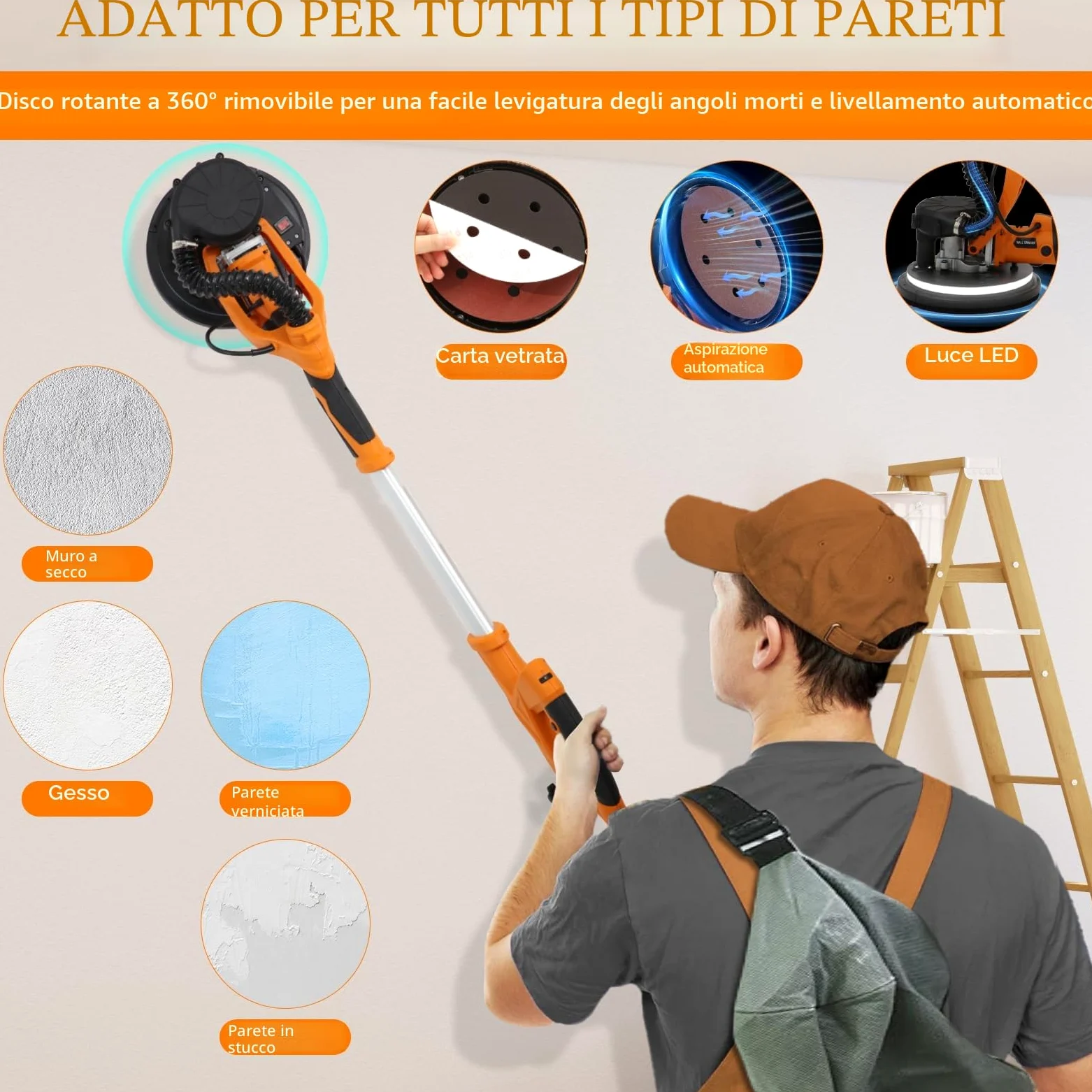 Ponceuse Girafe, 1250W Ponceuse Mur et Plafond, 5 Vitesses Variables 800-1800RPM avec poignée télescopique avec bande lumineuse LED et sac de collecte de poussière par aspiration