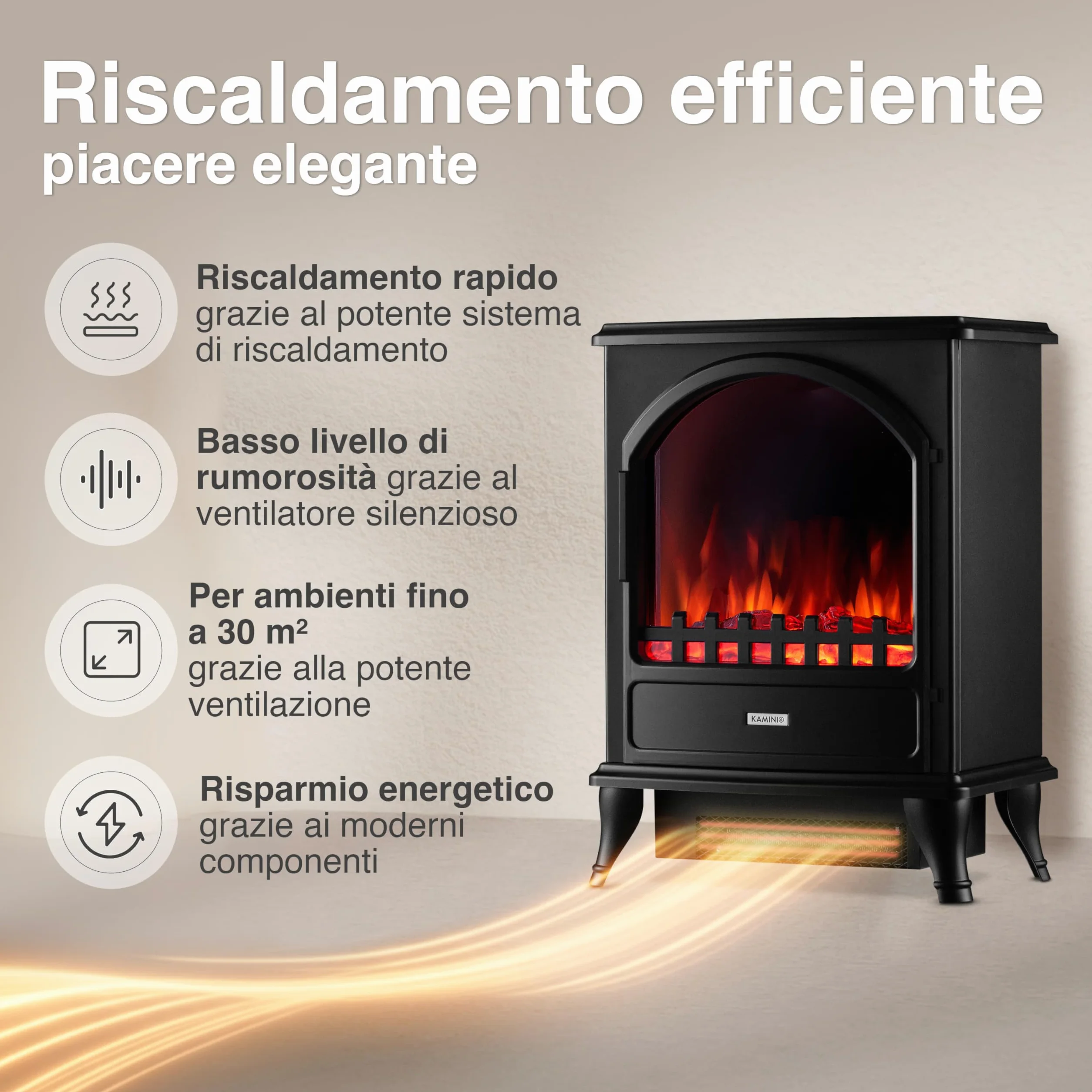 KAMINIO Camino elettrico Leni - Stufa elettrica con riscaldamento, effetto fiamma 3D (Nero)