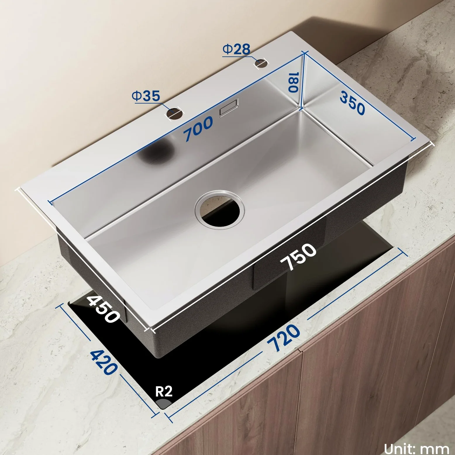Auralum Lavandino Cucina 75 x 45 cm, Lavello Cucina 1 Vasca con Gocciolatoio, Lavabo Cucina Acciaio Inox da Appoggio con Troppopieno, Sifone e Set di Drenaggio