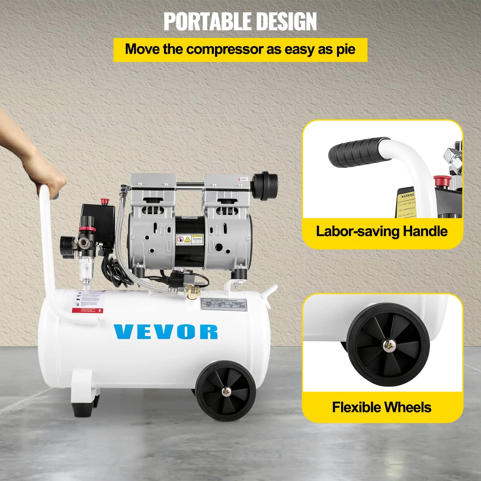 VEVOR Compressore Silenzioso 750W, Oil-free 25 L, Pressione 8 Bar, 220V, Compressore d'Aria Portatile, Rumorosità: 68 dB, per Esigenze di Gonfiaggio