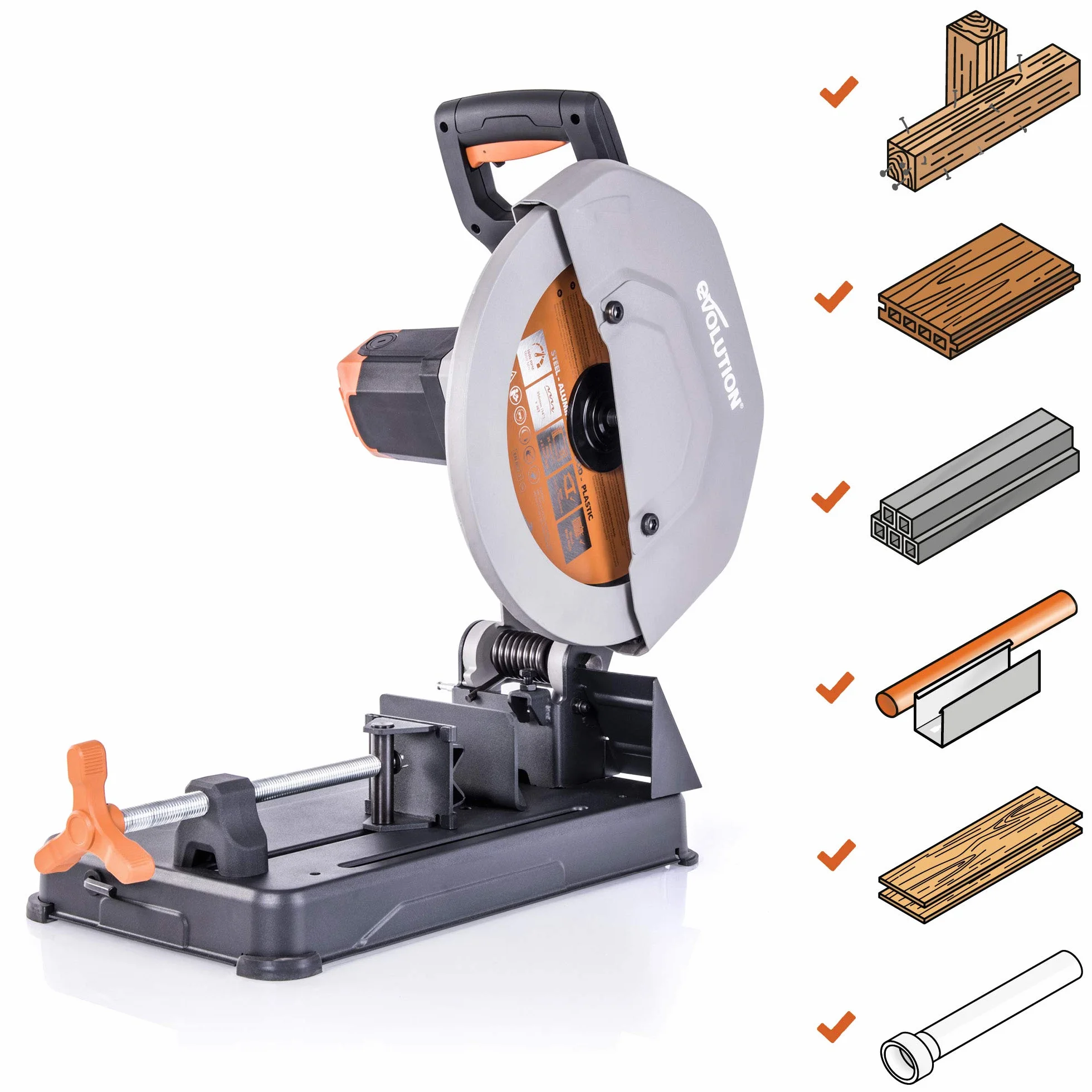 Evolution Power Tools 083-0003 R355Cps Troncatrice Per Ferro Multi Materiale, Esegue Tagli Su Acciaio, Alluminio, Plastica E Legno Anche Con Chiodi, 355 mm