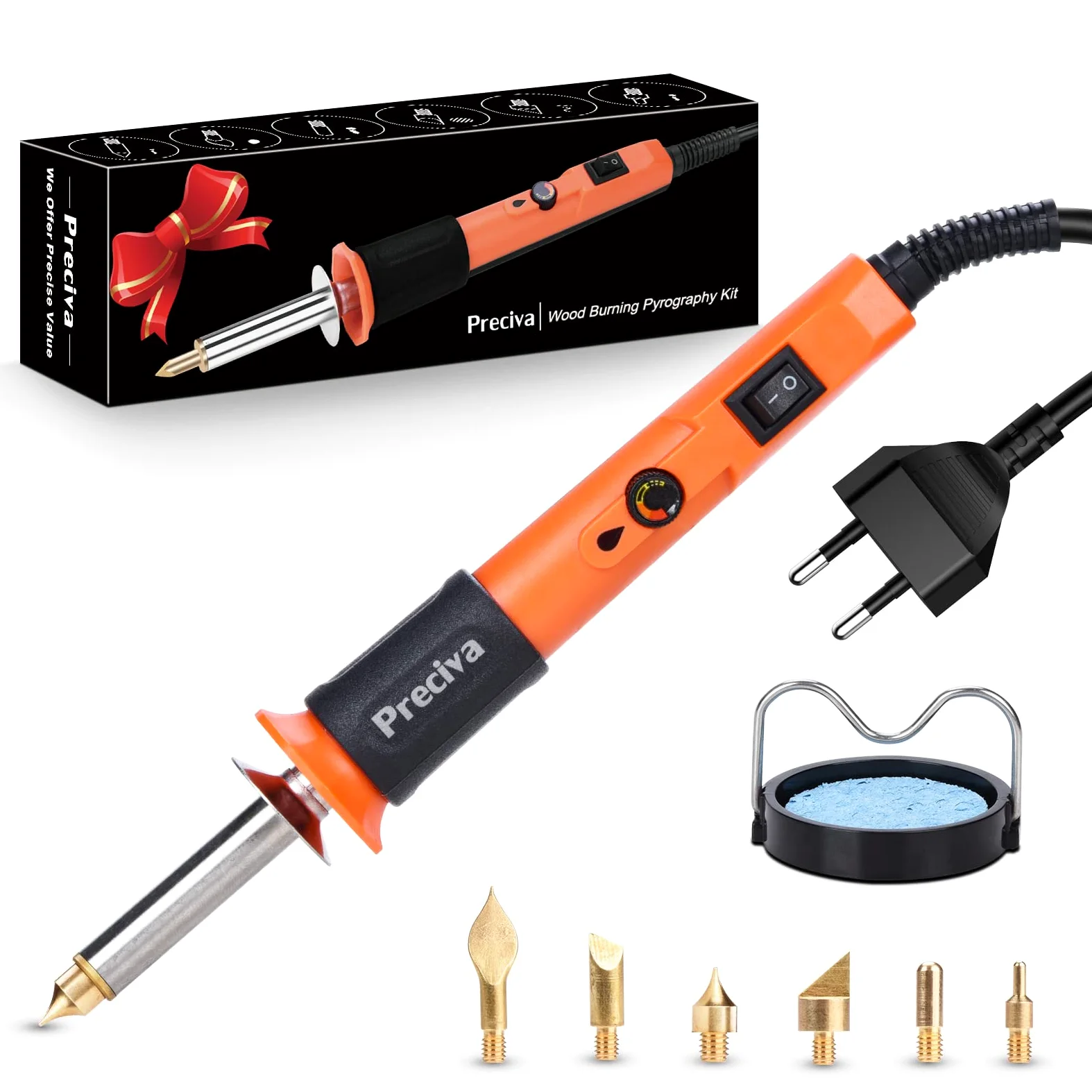 Preciva Pirografo per Legno 25W, Attrezzo per Saldatura Domicilio per Incisione, Incisore Elettrico Temperatura 300~500?, 6 Punte per Saldatore (Arancia)
