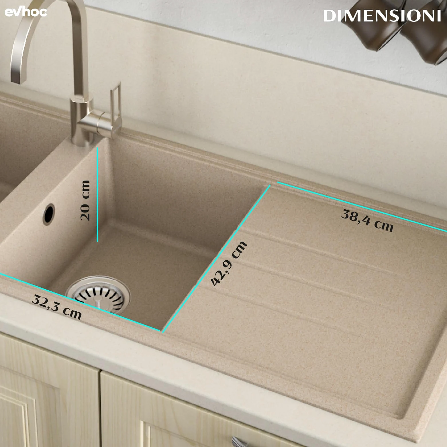 EVHOC Lavello Sopratop 116x50 cm, 2 Vasche con Gocciolatoio, Lavandino Reversibile per Cucina, Piletta Inclusa, Made in Italy, Avena, ADHOC L