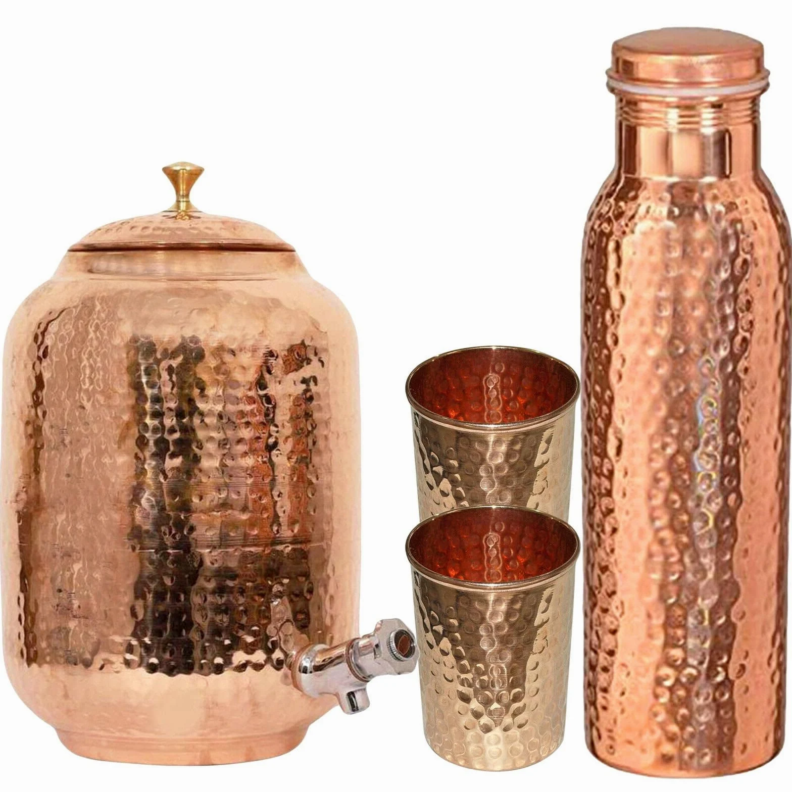 Dispenser d'acqua in rame puro, capacità 8 l, finitura martellata, benefici per la salute ayurvedica, include 2 bicchieri abbinati e 1 bottiglia di rame, bicchieri artigianali per guarigione e