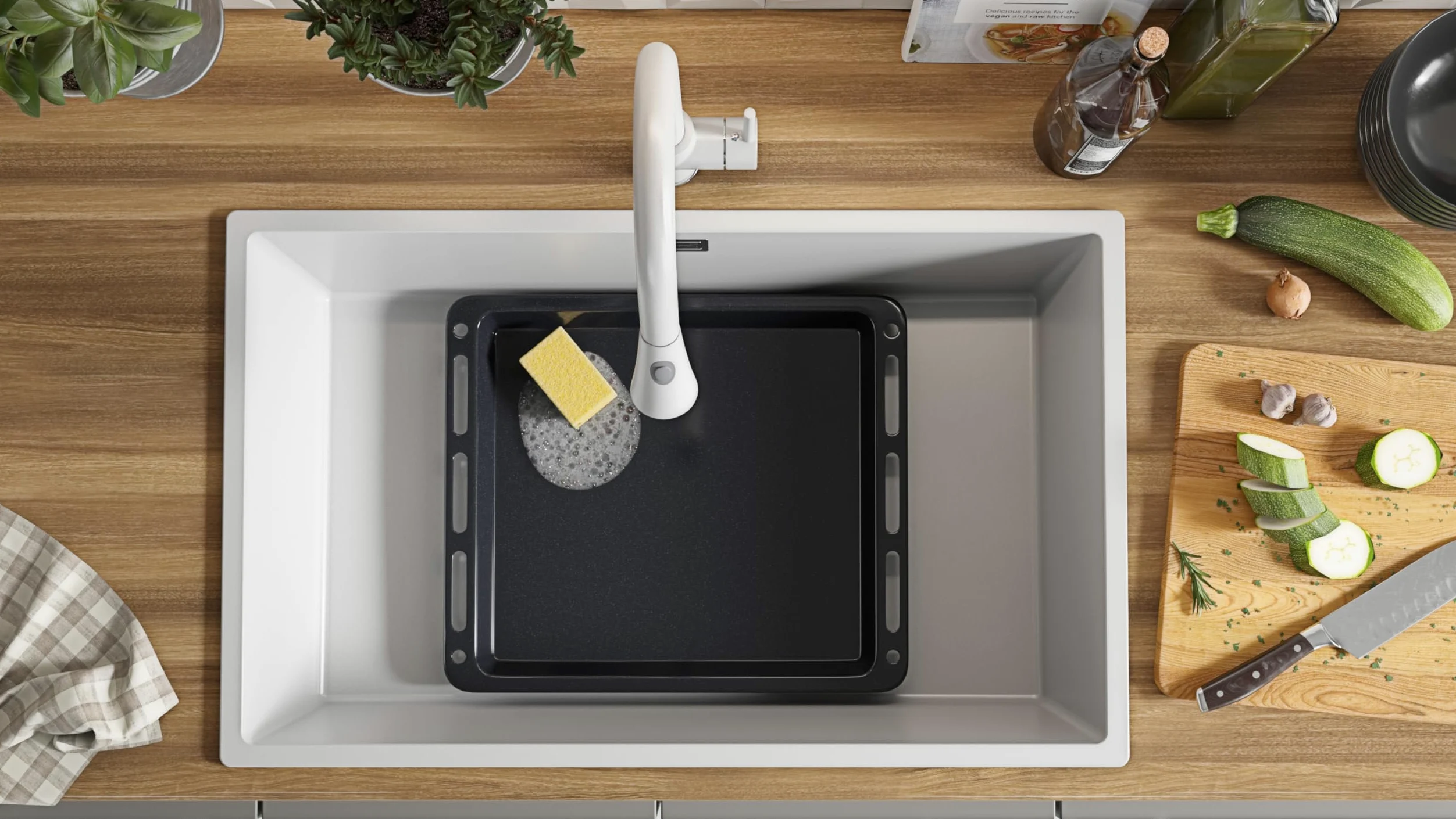 PRIMAGRAN Lavello da Cucina Bianco 76x47cm, Lavandino in Granito a 1 vasca + Sifone Classico, Lavabo da Cucina Incasso al Mobile 80cm - London Slim S478