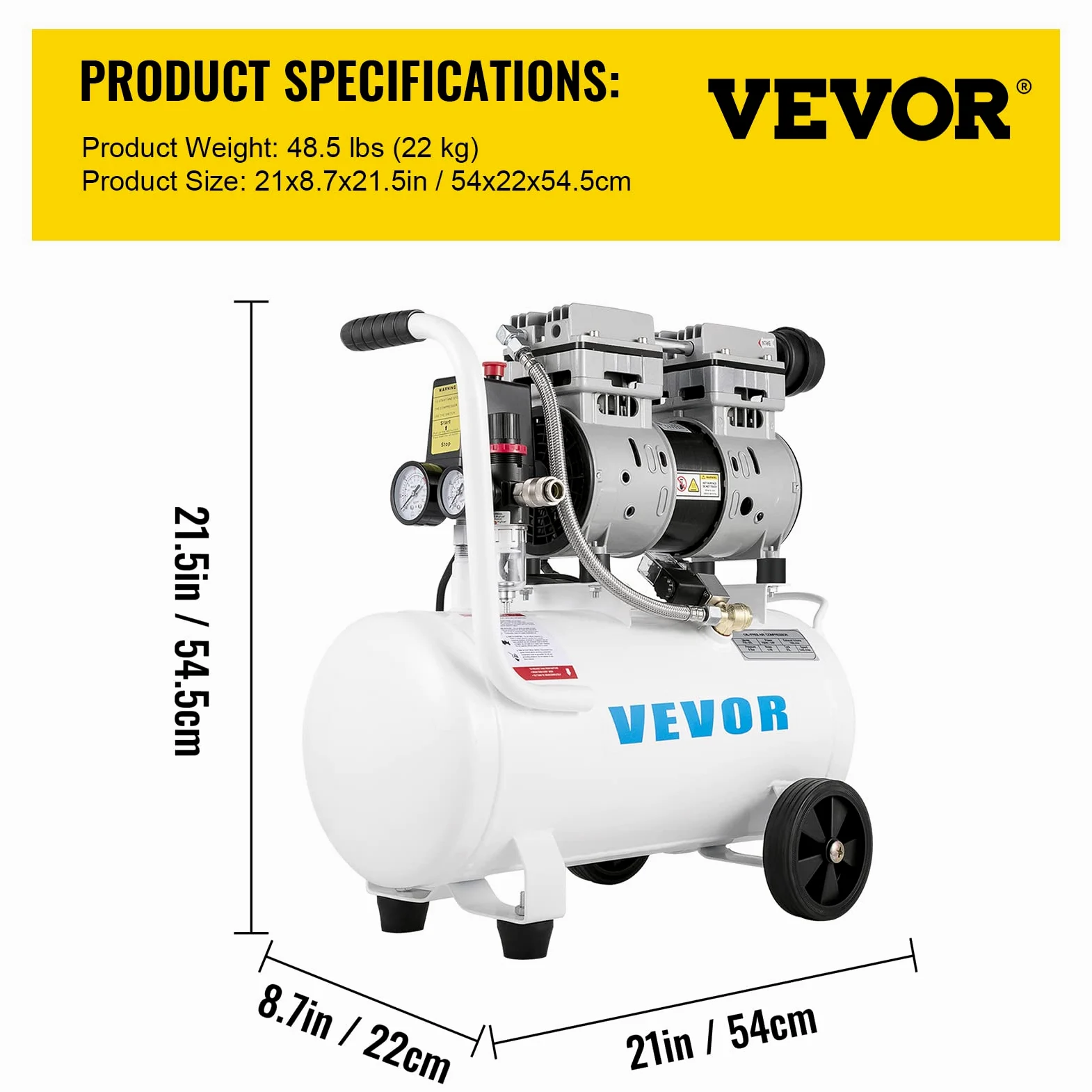 VEVOR Compressore Silenzioso 750W, Oil-free 25 L, Pressione 8 Bar, 220V, Compressore d'Aria Portatile, Rumorosità: 68 dB, per Esigenze di Gonfiaggio