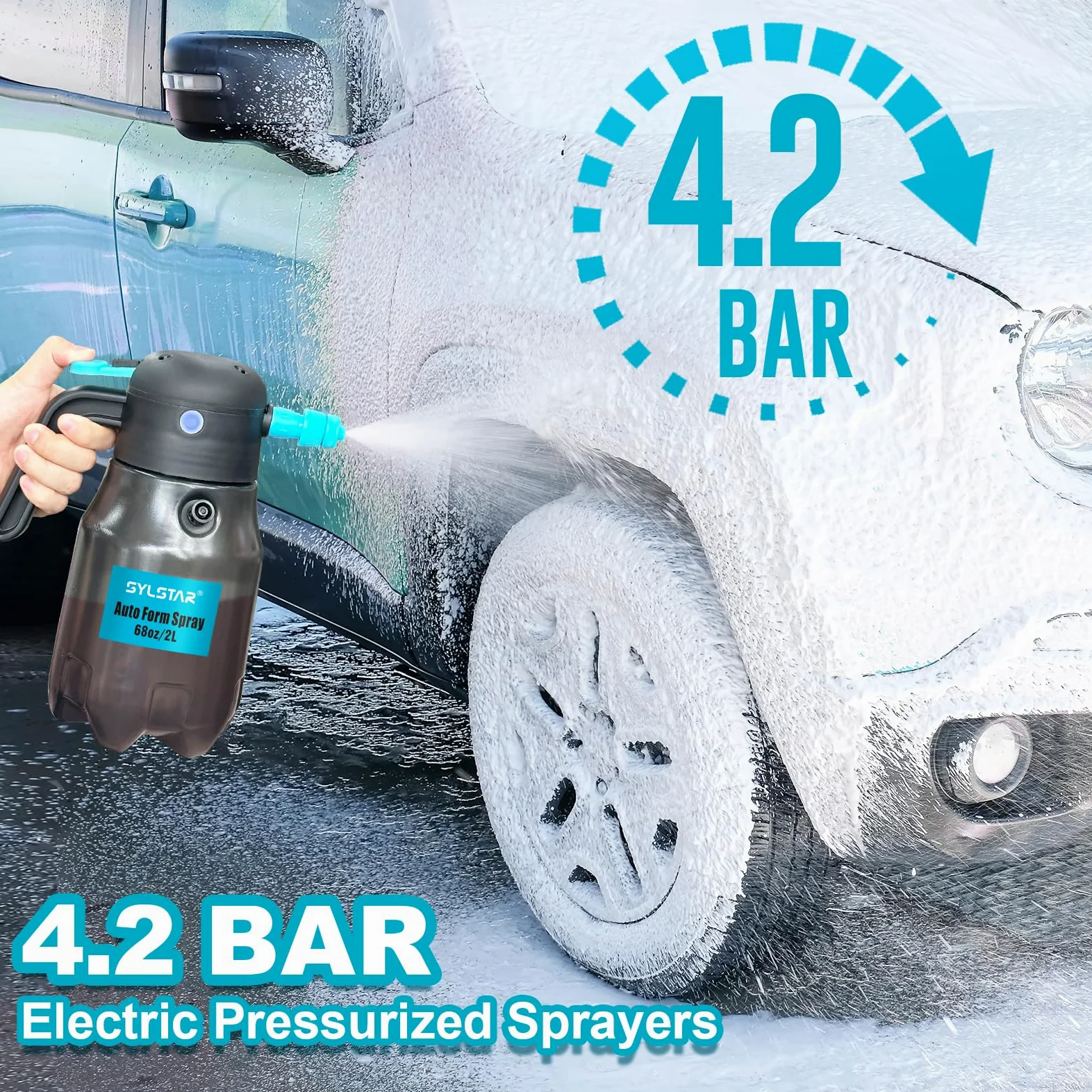 SYLSTAR Pompa Irroratrice a Batteria 2L, 4,2 Bar Spruzzatore a Pressione Ricaricabile con 2 Ugelli, Spruzzatore a Batteria Spruzzatore Schiuma per Lavaggio Auto, Autopressurizzazione