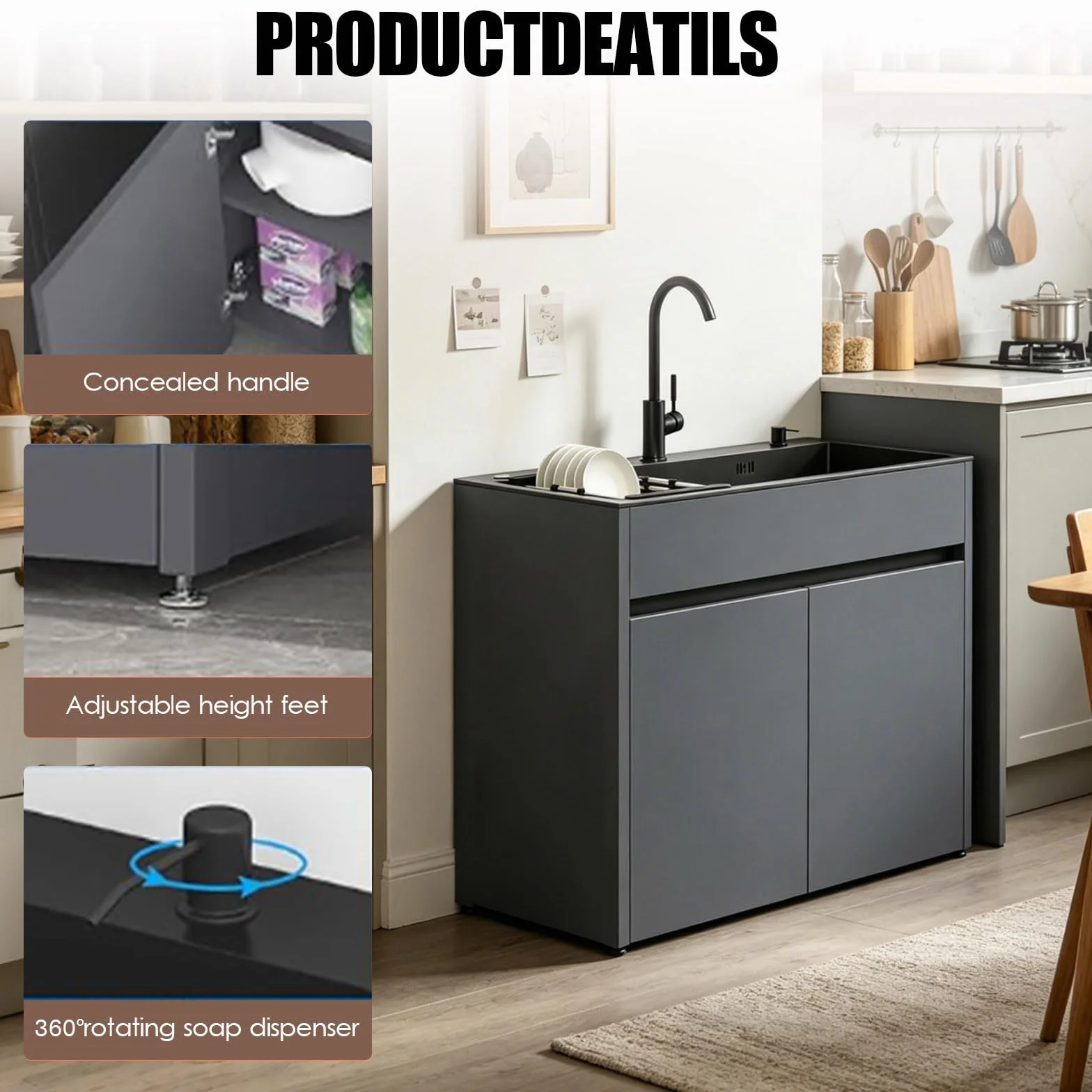 Lavello da Esterno Autoportante con Mobile per Giardino e Officina, lavabo in acciaio inox nero, corpo in alluminio alveolare con piedini regolabili, miscelatore caldo/freddo e kit di scarico inclusi