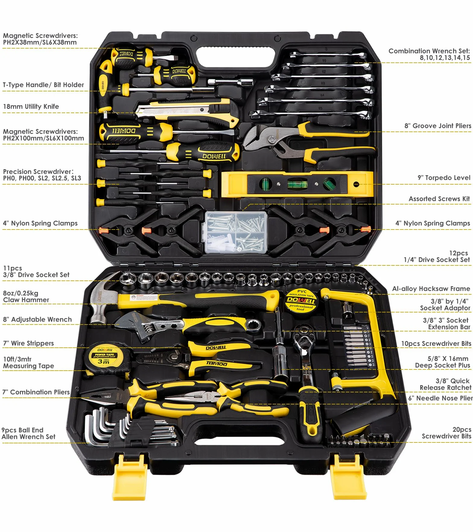DOWELL Kit di attrezzi per meccanico, set di chiavi a cricchetto per riparazione auto, set di 168 pezzi, kit di utensili manuali, scatola di stoccaggio