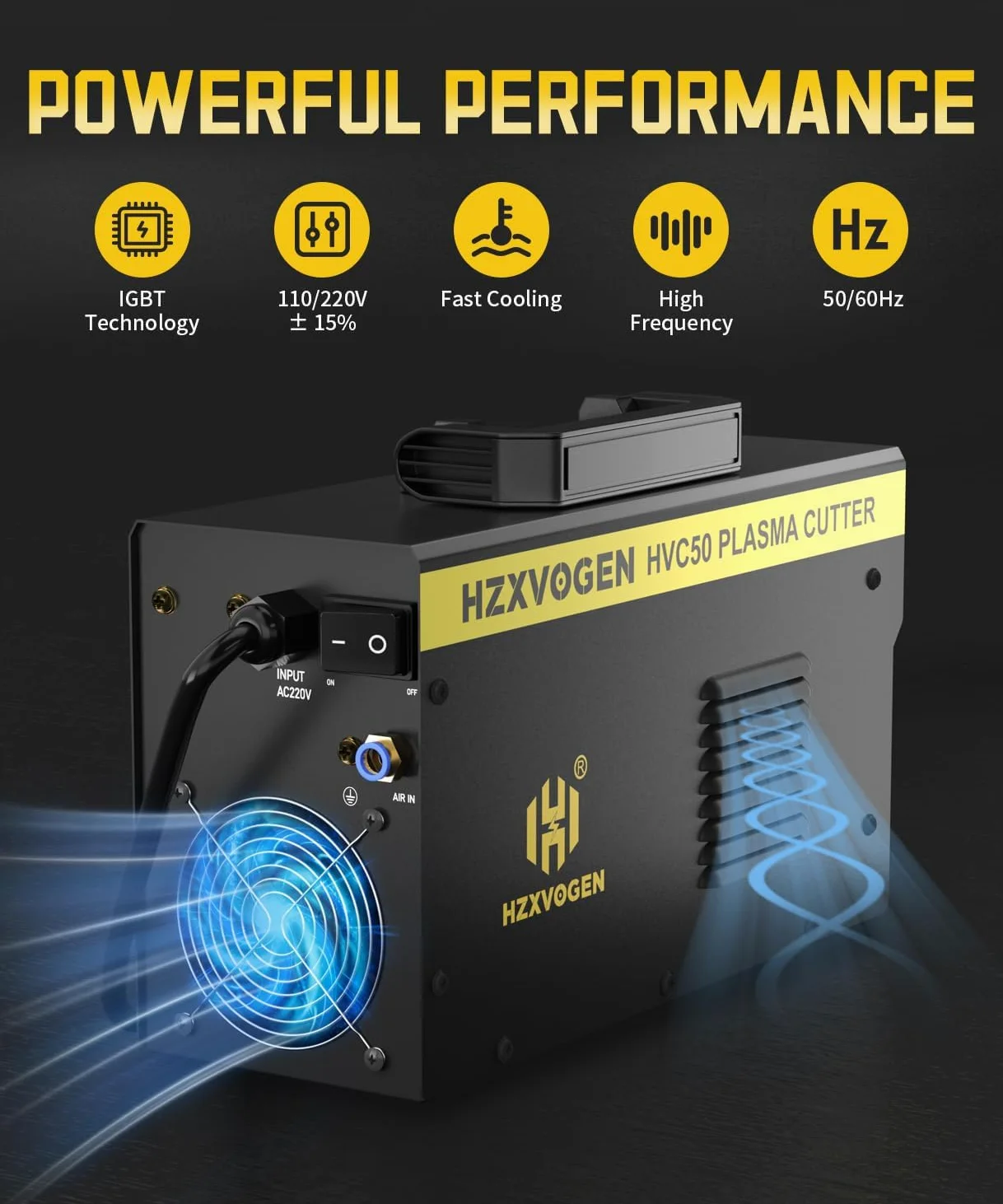 H HZXVOGEN Taglierina al Plasma 50A 230V, Taglio Max Acciaio 15mm, Taglio Pulito 8mm, Inverter IGBT DC, Accensione HF, Display Digitale, Raffreddamento Intelligente per Principianti e Hobbisti