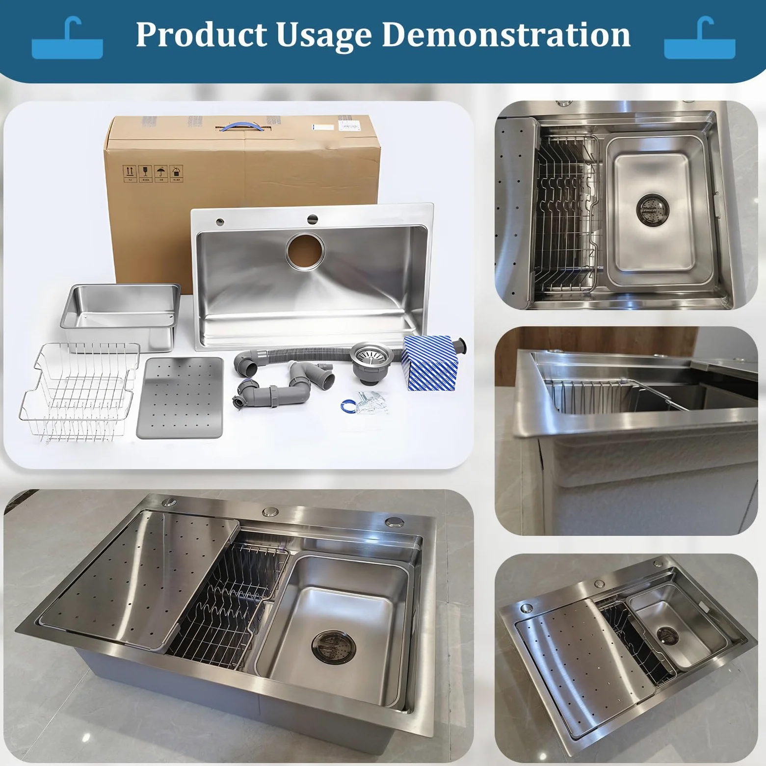 Lavello Da Cucina Multifunzione In Acciaio Inossidabile 304 Fatto A Mano, Lavello Da Cucina Grande A Una Vasca, Installazione A Filo O Soprapiano Con Vasca Rimovibile(70x50x21.5cm)