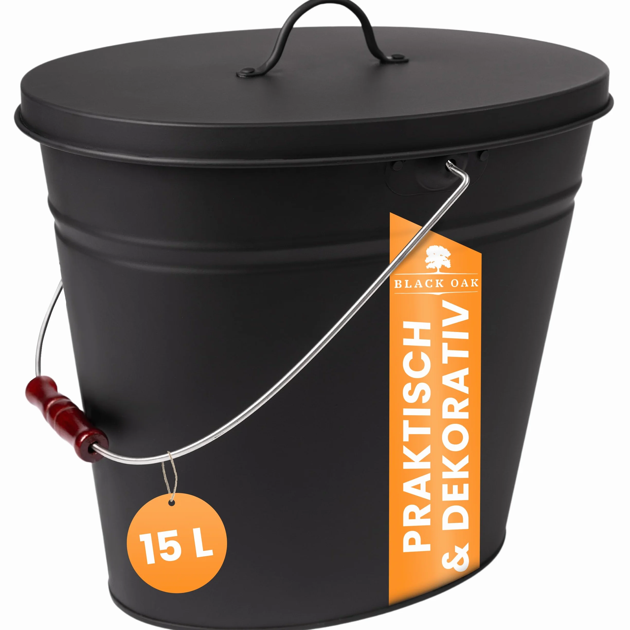 BLACK OAK Secchio per cenere Vesuvio 15L – nero ovale con coperchio - grande 15 litri - in acciaio resistente al fuoco zincato e verniciato a polvere, ideale per cenere e carbone, accessorio perfetto