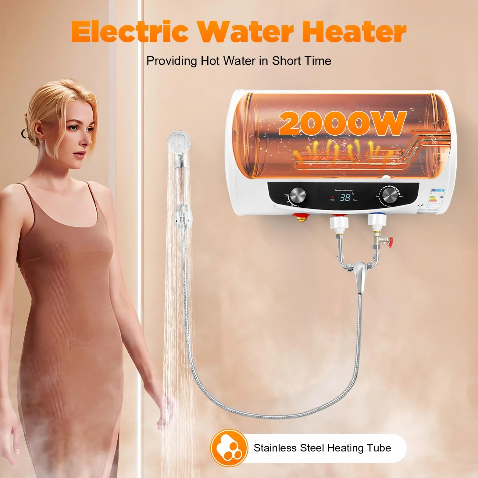 Riscaldatore istantaneo da 220 V, serbatoio dell'acqua elettrico da 50 l/120 l, caldaia orizzontale, scaldabagno elettrico, scaldabagno a parete, bollitore con doccetta (50 l)