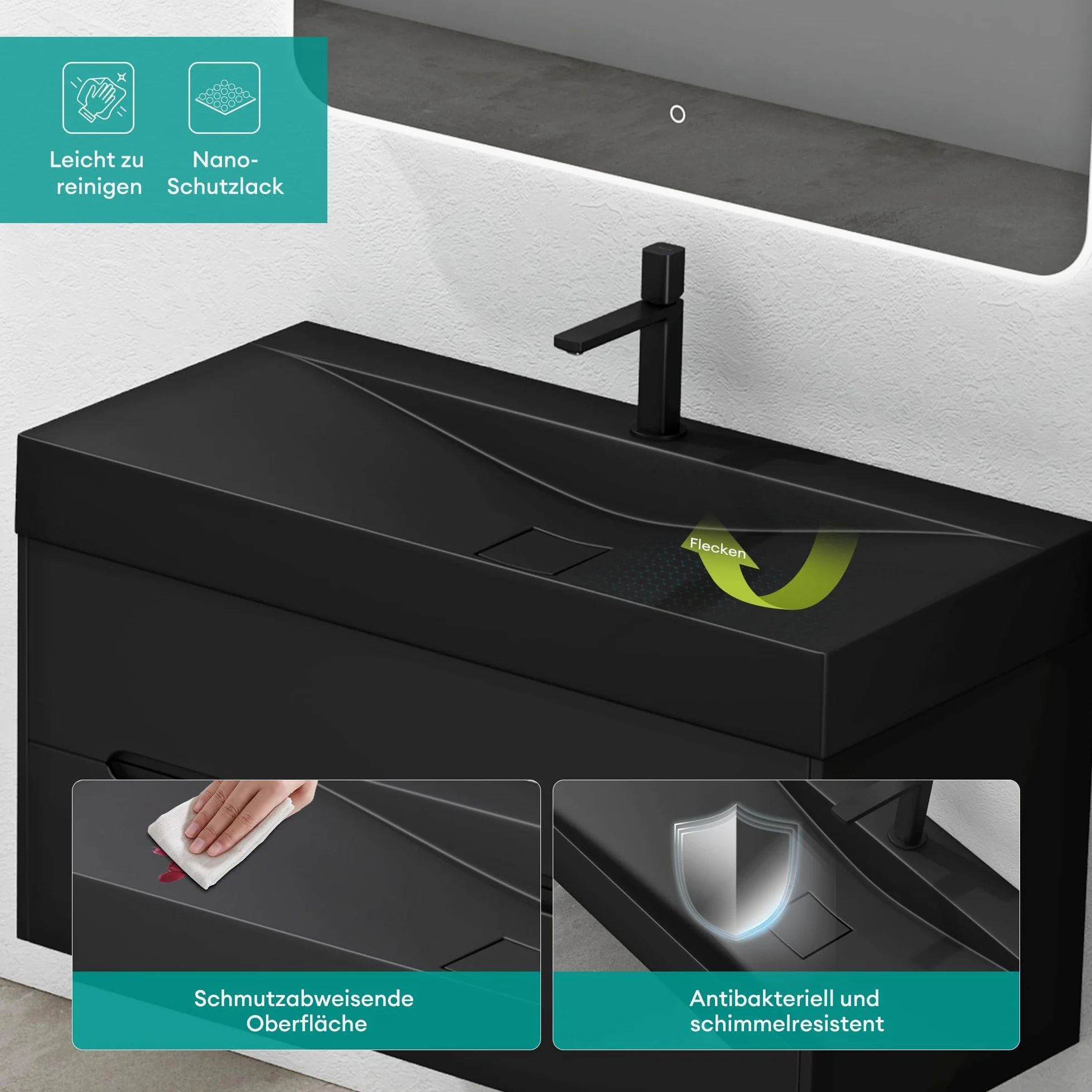 Mai & Mai Lavabo da Appoggio 60x48x10cm, Lavabo Bagno Sospeso Lavandino Bagno Rettangolare Colossum810 Marmo fuso, Nero Opaco