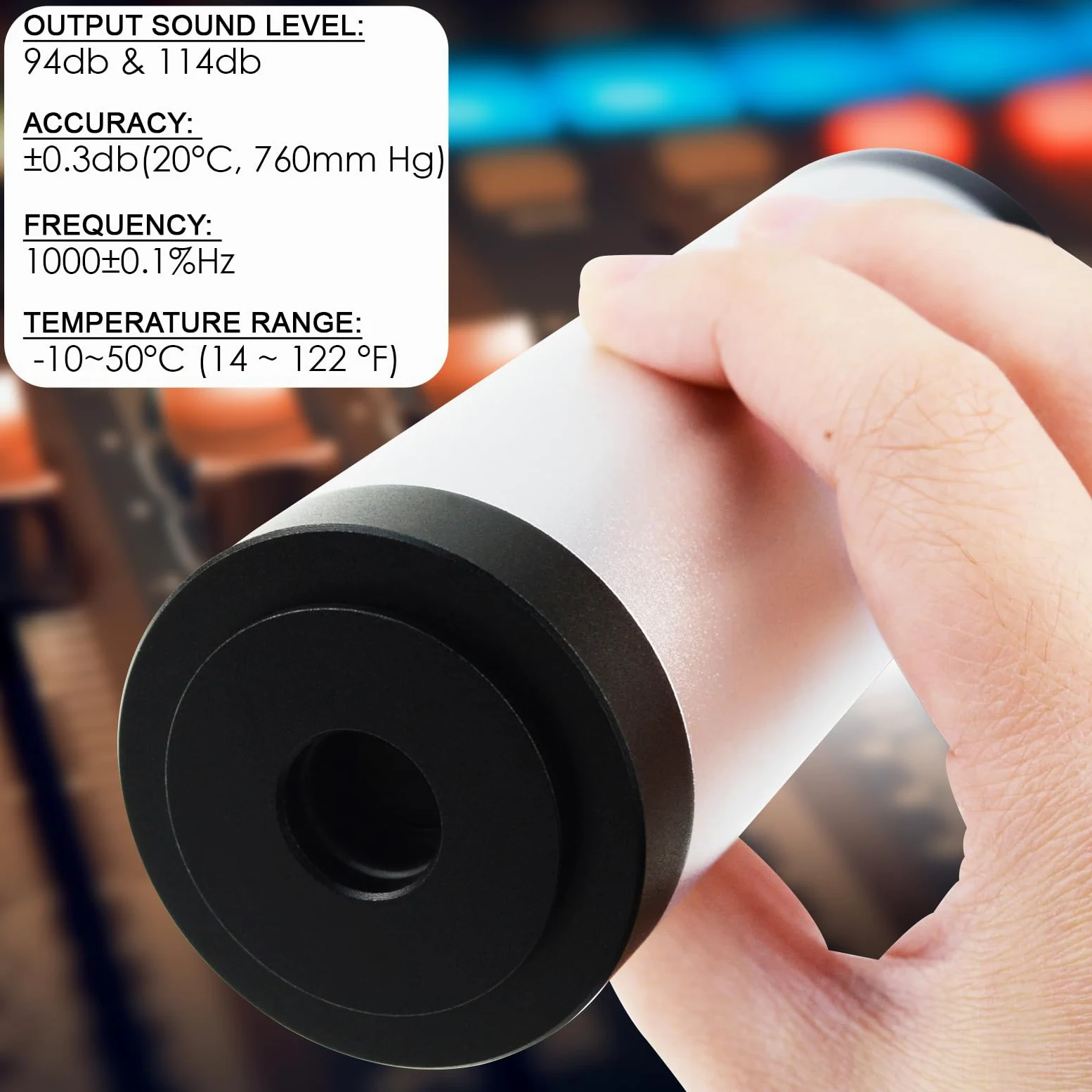 Calibratore Tester digitale per il livello sonoro del suono per fonometro 94dB e 114dB Uscita Classe I con batteria +/- 0.3 db Precisione per microfono, sistema di misurazione del suono