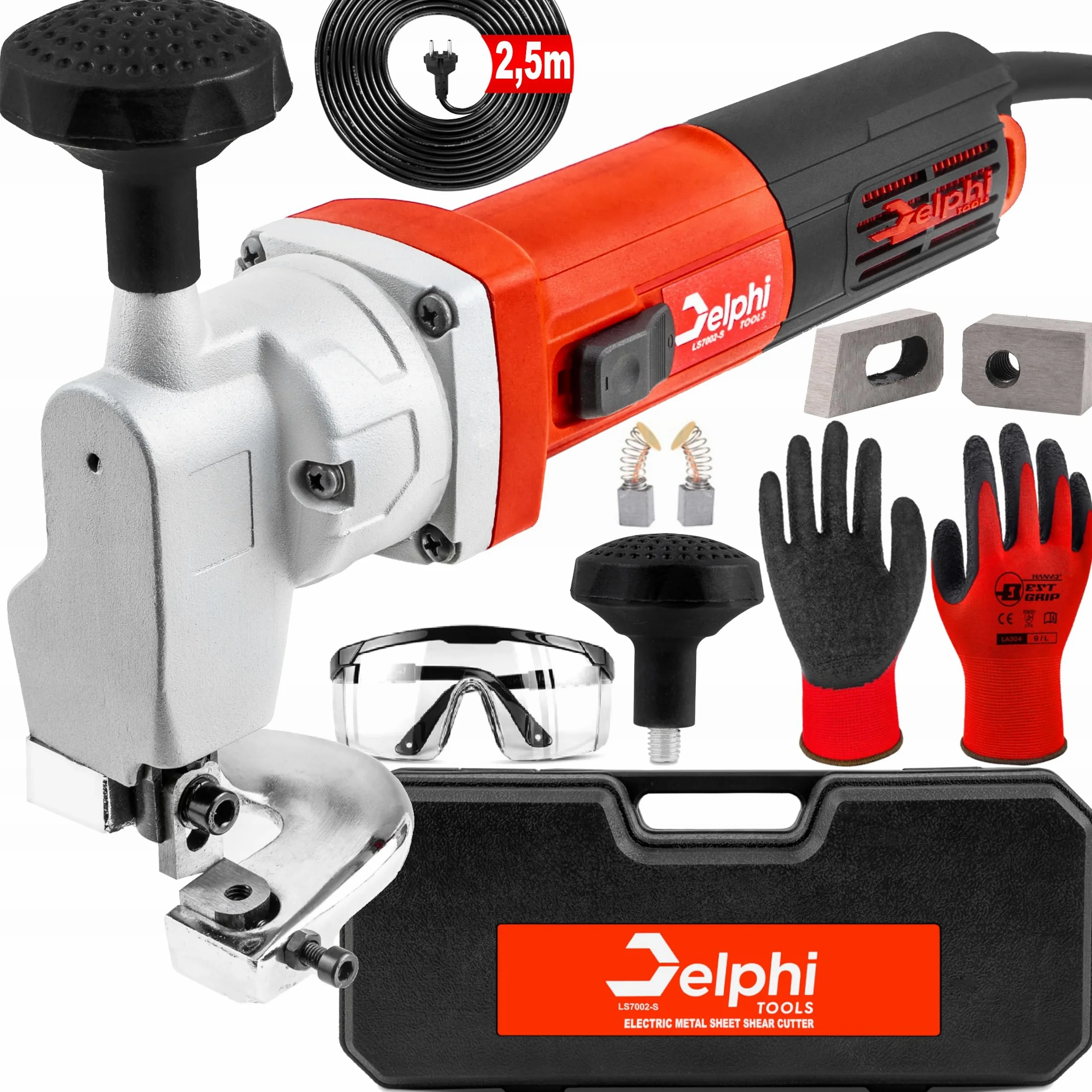 DELPHI Forbici elettriche per lamiera, 850 W, 220 V, qualità industriale, in acciaio inox, taglierina per metallo, taglio fino a 2,5 mm, piastra in acciaio da costruzione 2200 rpm