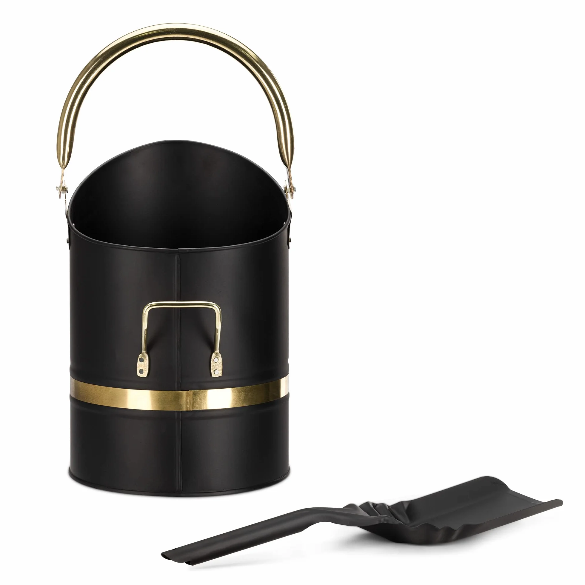 Navaris Secchio Raccogli Cenere con Paletta - Secchio Raccolta Cenere Camino Carbone Grill Barbecue - Set Raccolta Cenere da Camino - Ferro - Nero Oro