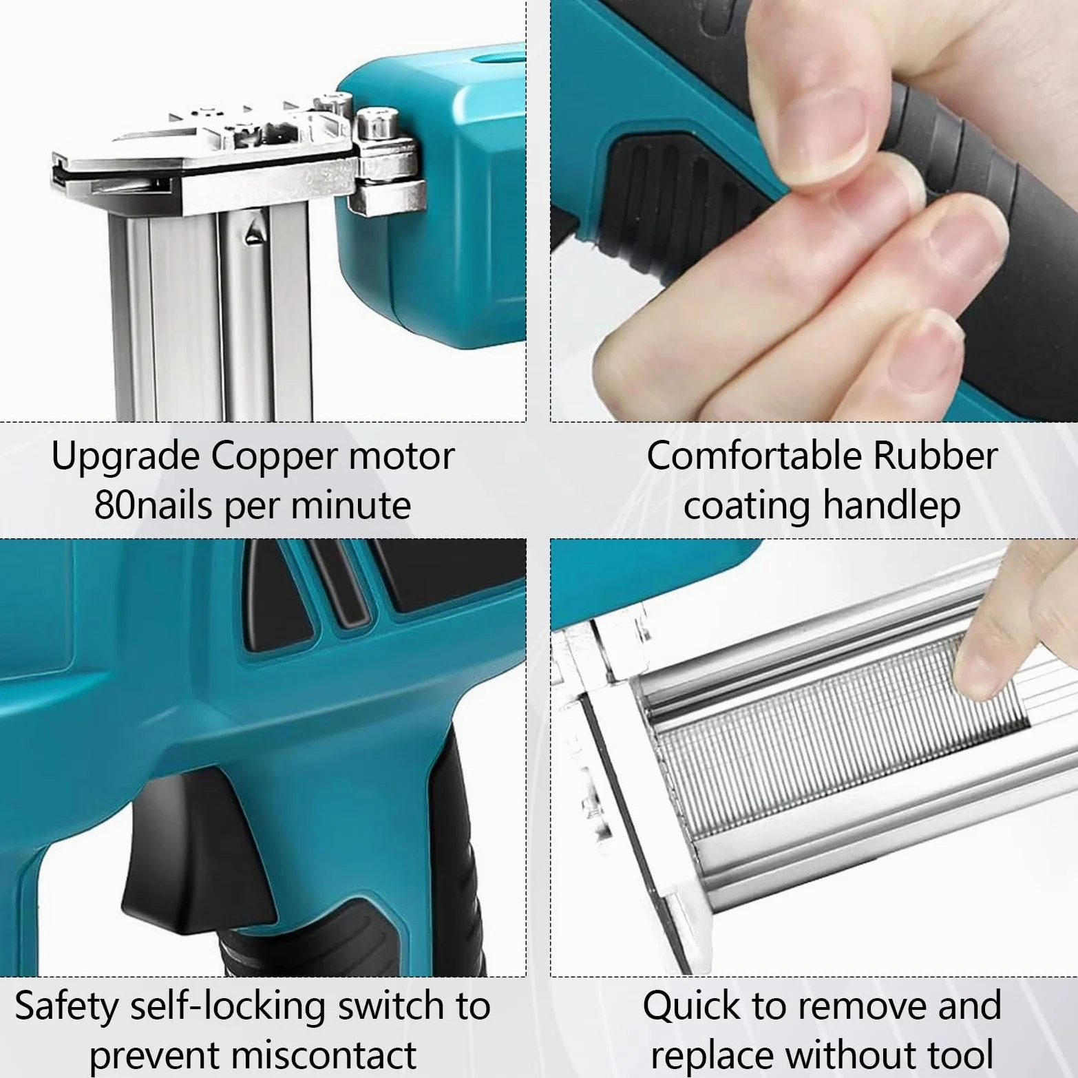 Upgrade Pistola sparachiodi senza fili 900W compatibile con batteria Makita 21V, set di utensili con 2 batterie da 21V e caricabatteria, doppia protezione