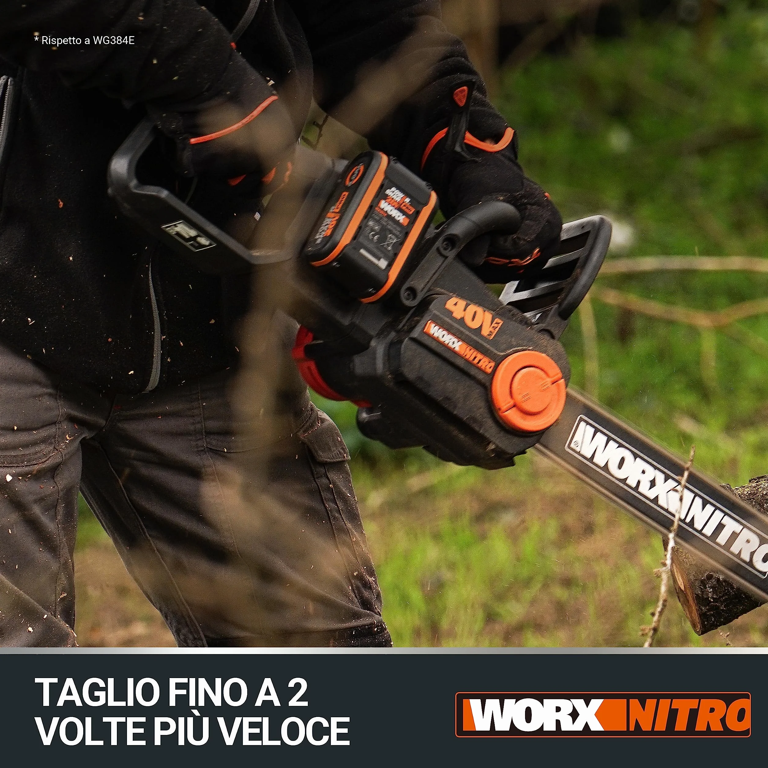 WORX WG385E Elettrosega Nitro a batteria 40V | PowerShare | Include 2 batterie da 2 Ah e caricatore doppio | 40 cm di barra | lubrificazione automatica