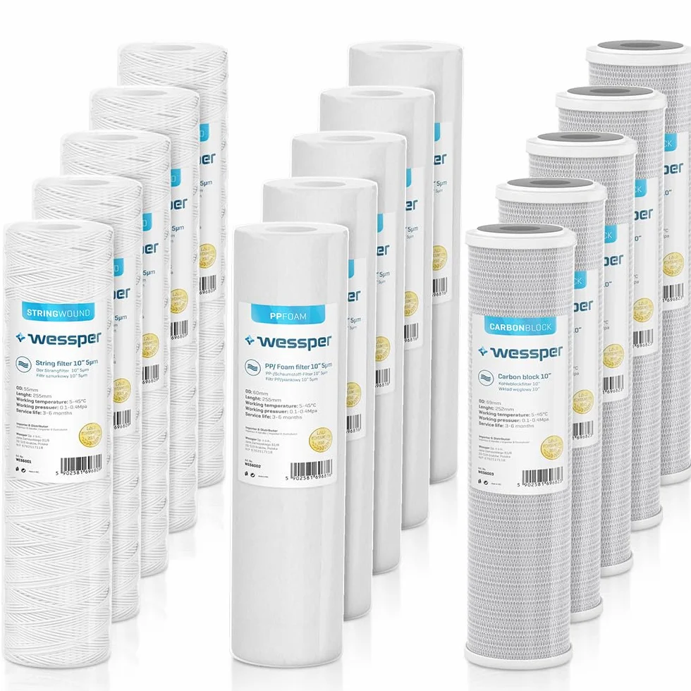Wessper Set di 15 filtri per l'acqua da 10 pollici, cartucce universali per filtro dell'acqua domestica, filtro dell'acqua per fontana: filtro stringa, filtro in schiuma, filtro acqua al carbone
