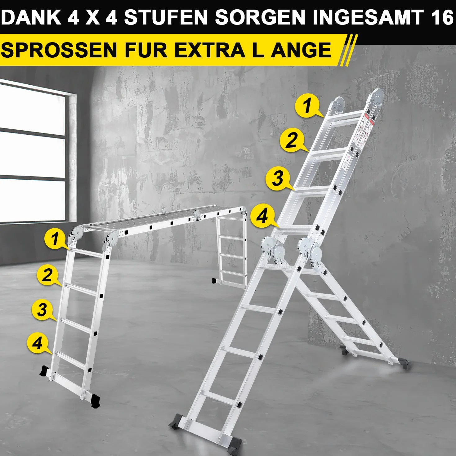 Herrselsam Scala multiuso 4 x 4, 7 in 1, 470 cm, in alluminio, con 2 piattaforme e ruote, portata massima 150 kg, scala multifunzione 16 pioli (DY8972-M-1x)