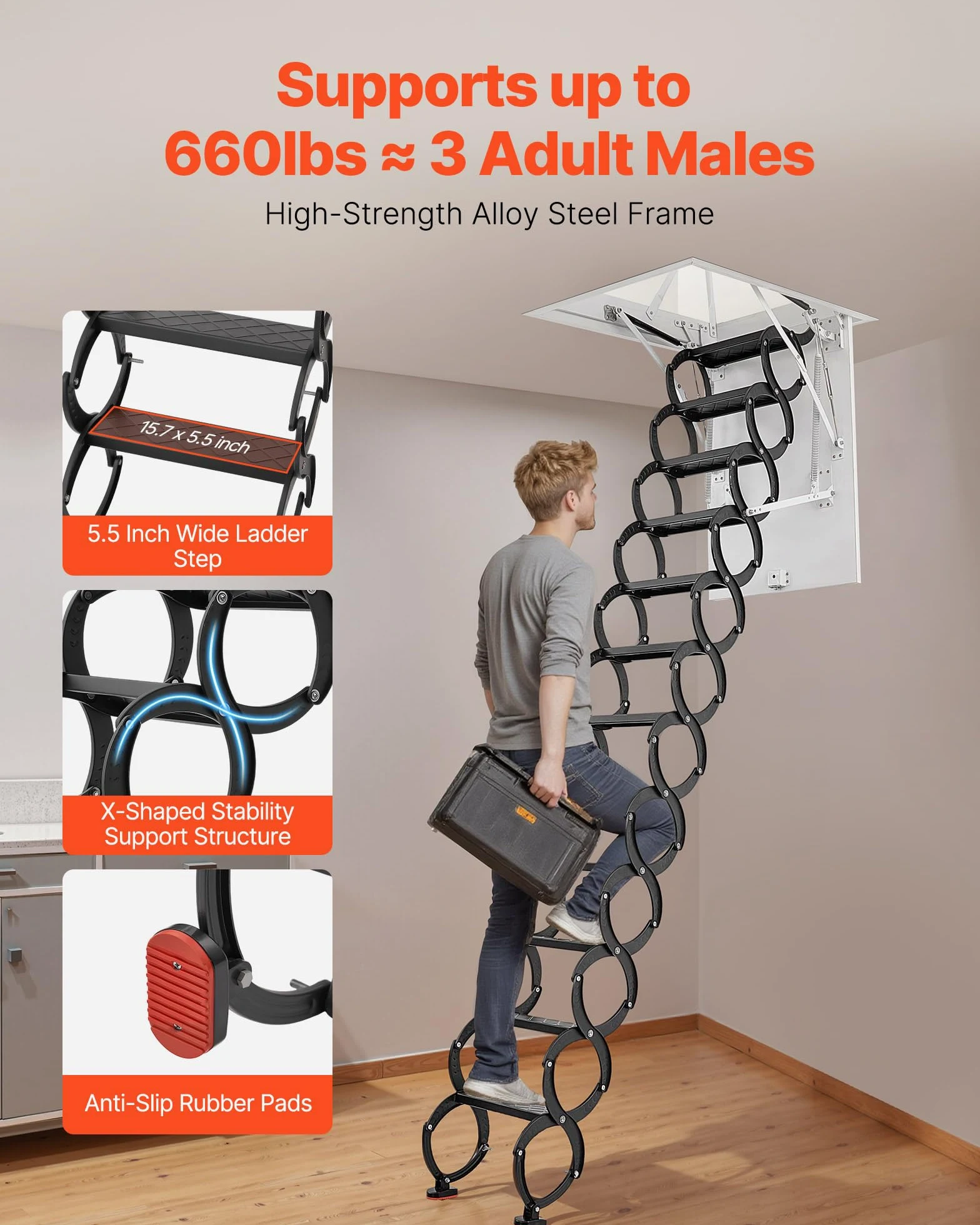 VEVOR Scala per Soffitta, Capacità di Carico 299,4 kg Scala Pieghevole in Acciaio Legato, per Soffitti Alti da 3,2 a 3,35 m e Dimensioni di Apertura di 1000,76 x 698,5 mm con Asta di Trazione